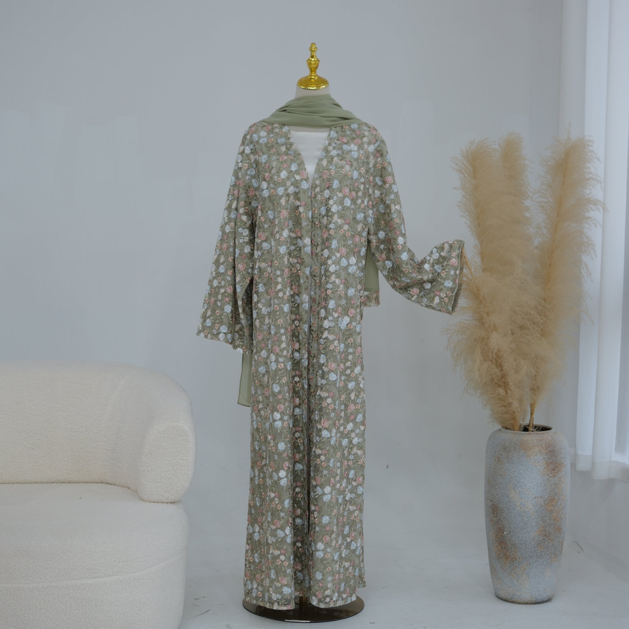 Large-size full-body floral embroidery double-layer cardigan + scarf LR1188