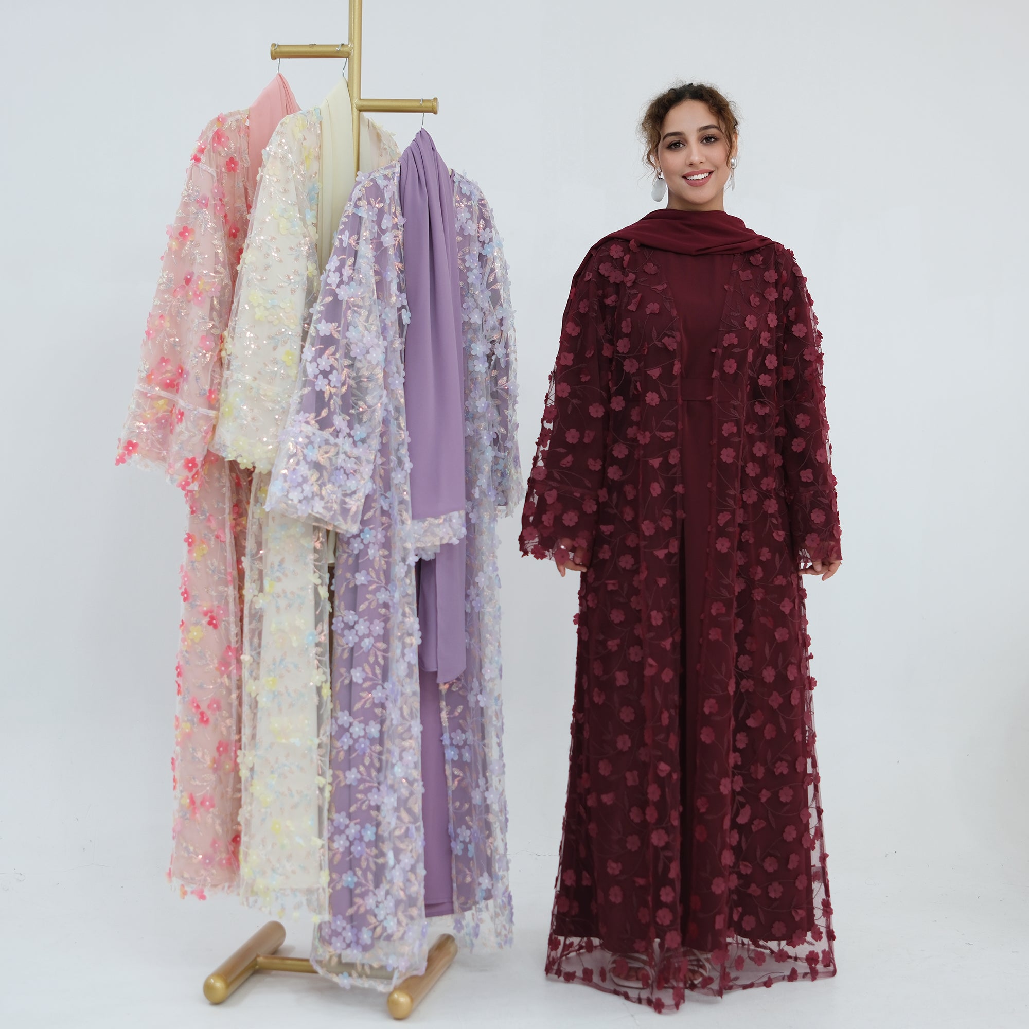 Large-size three-piece set with three-dimensional flower patchwork cardigan and head scarf for inner wear LR1189