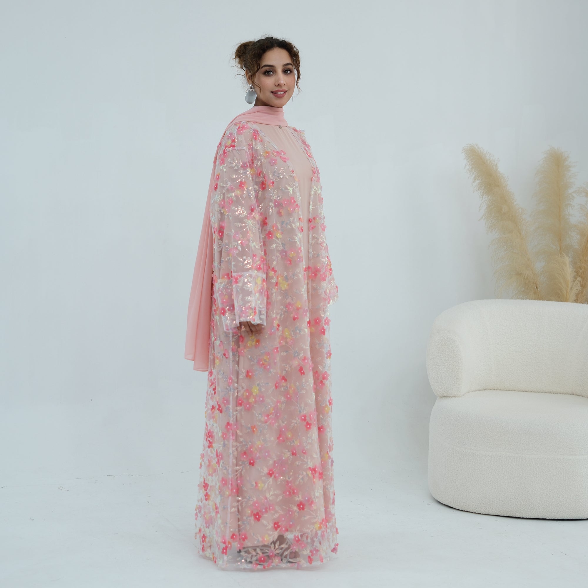 Large-size three-piece set with three-dimensional flower patchwork cardigan and head scarf for inner wear LR1189