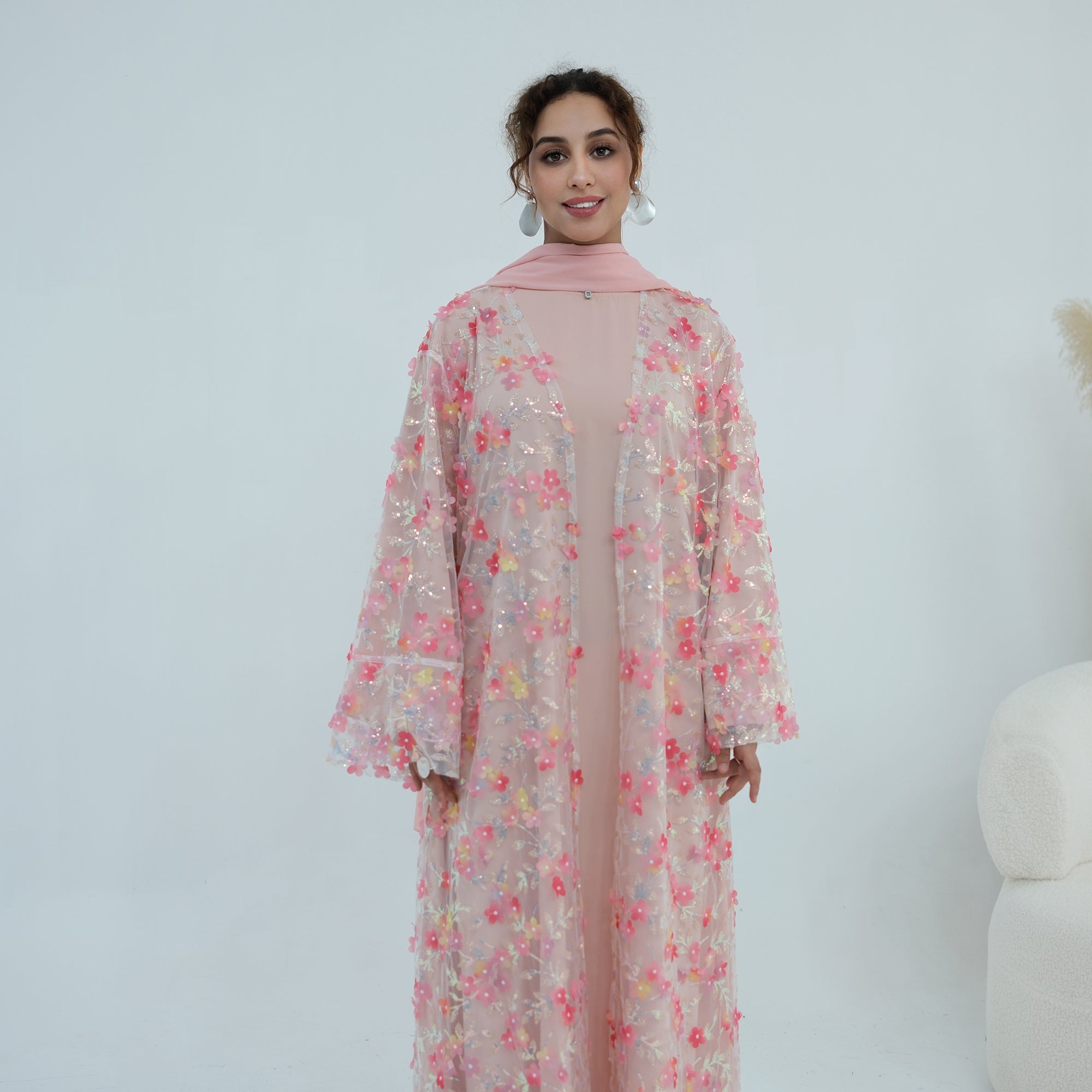 Large-size three-piece set with three-dimensional flower patchwork cardigan and head scarf for inner wear LR1189