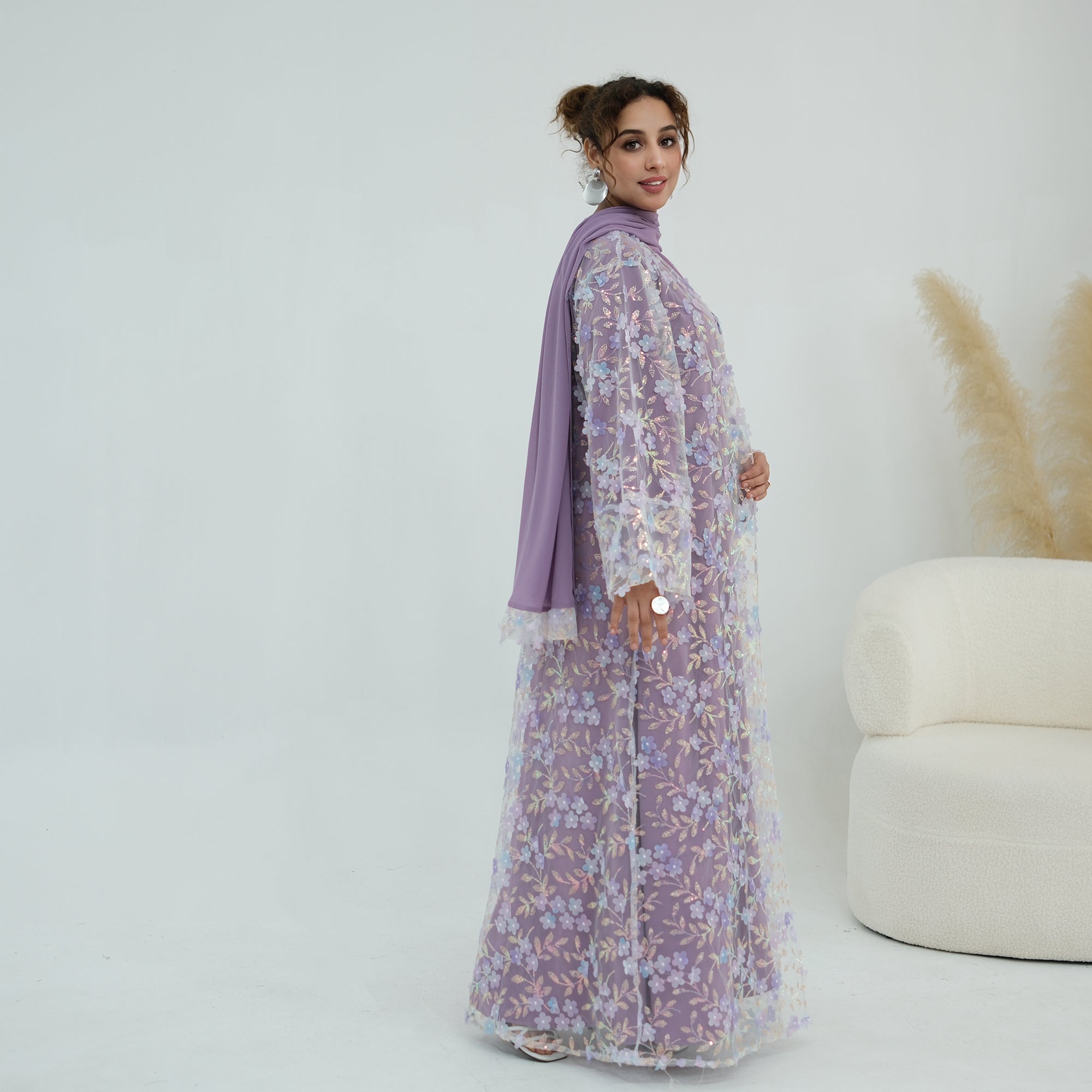 Large-size three-piece set with three-dimensional flower patchwork cardigan and head scarf for inner wear LR1189