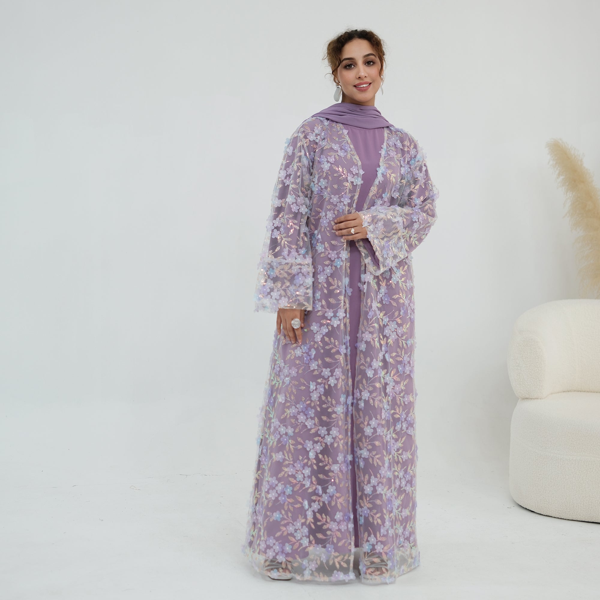 Large-size three-piece set with three-dimensional flower patchwork cardigan and head scarf for inner wear LR1189