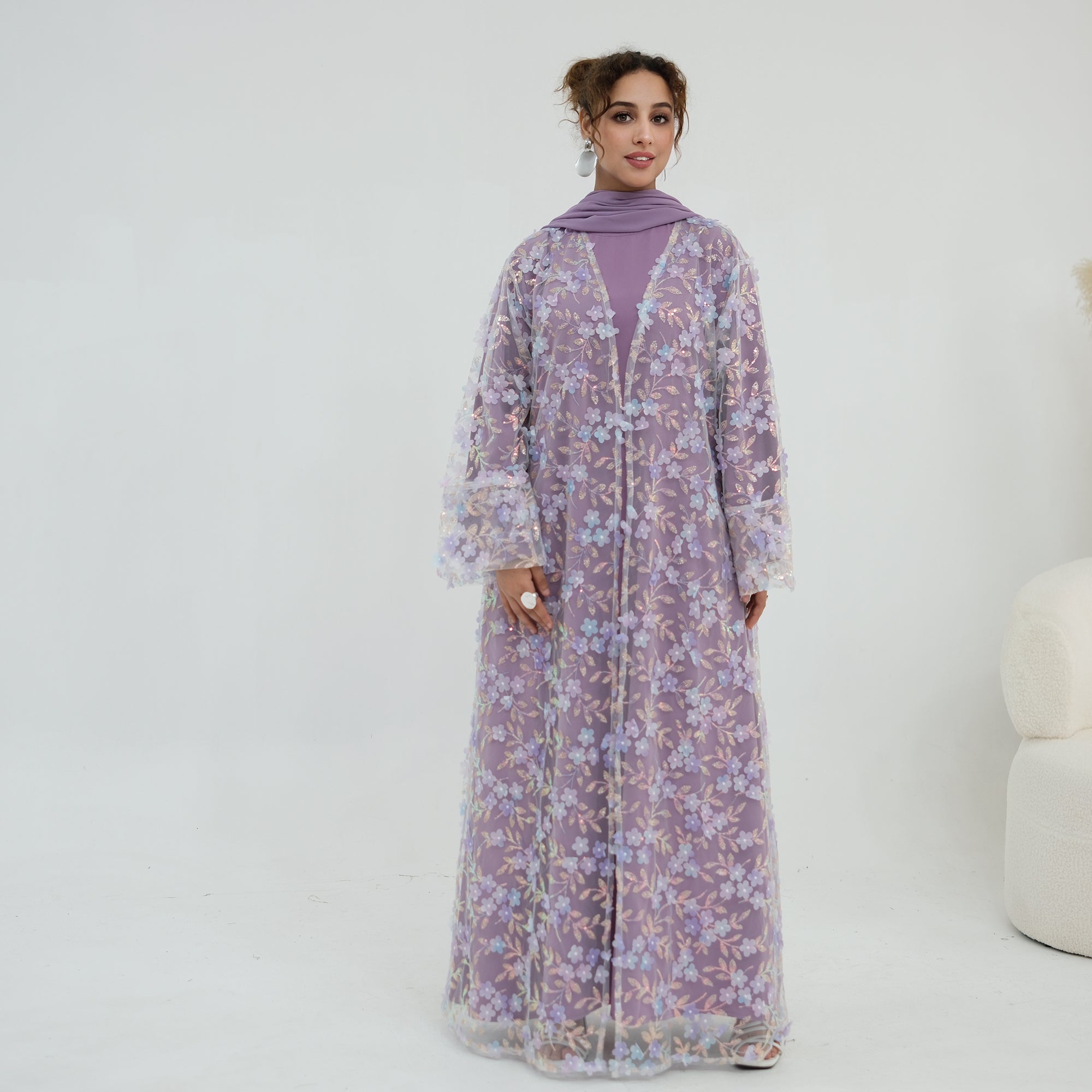 Large-size three-piece set with three-dimensional flower patchwork cardigan and head scarf for inner wear LR1189