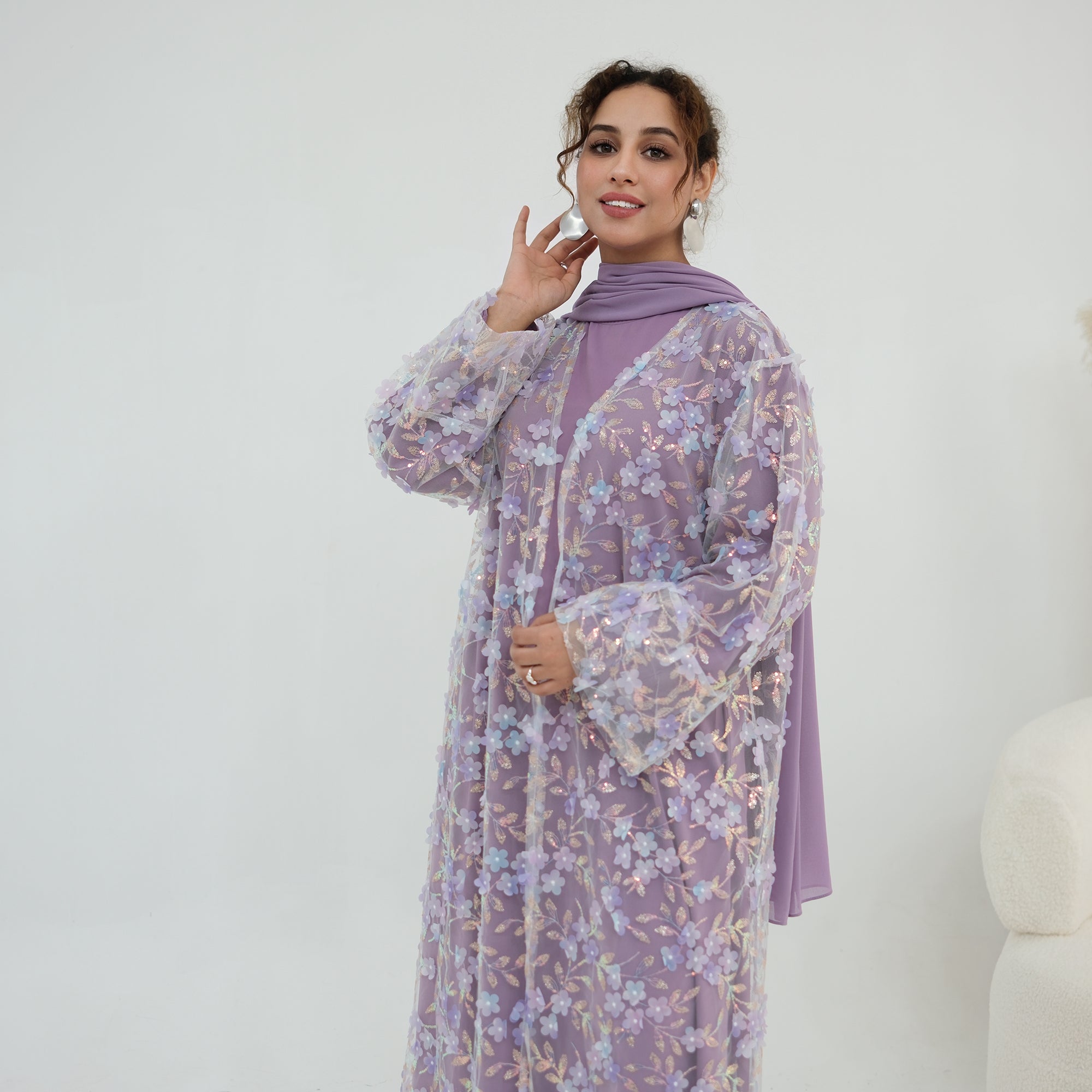 Large-size three-piece set with three-dimensional flower patchwork cardigan and head scarf for inner wear LR1189