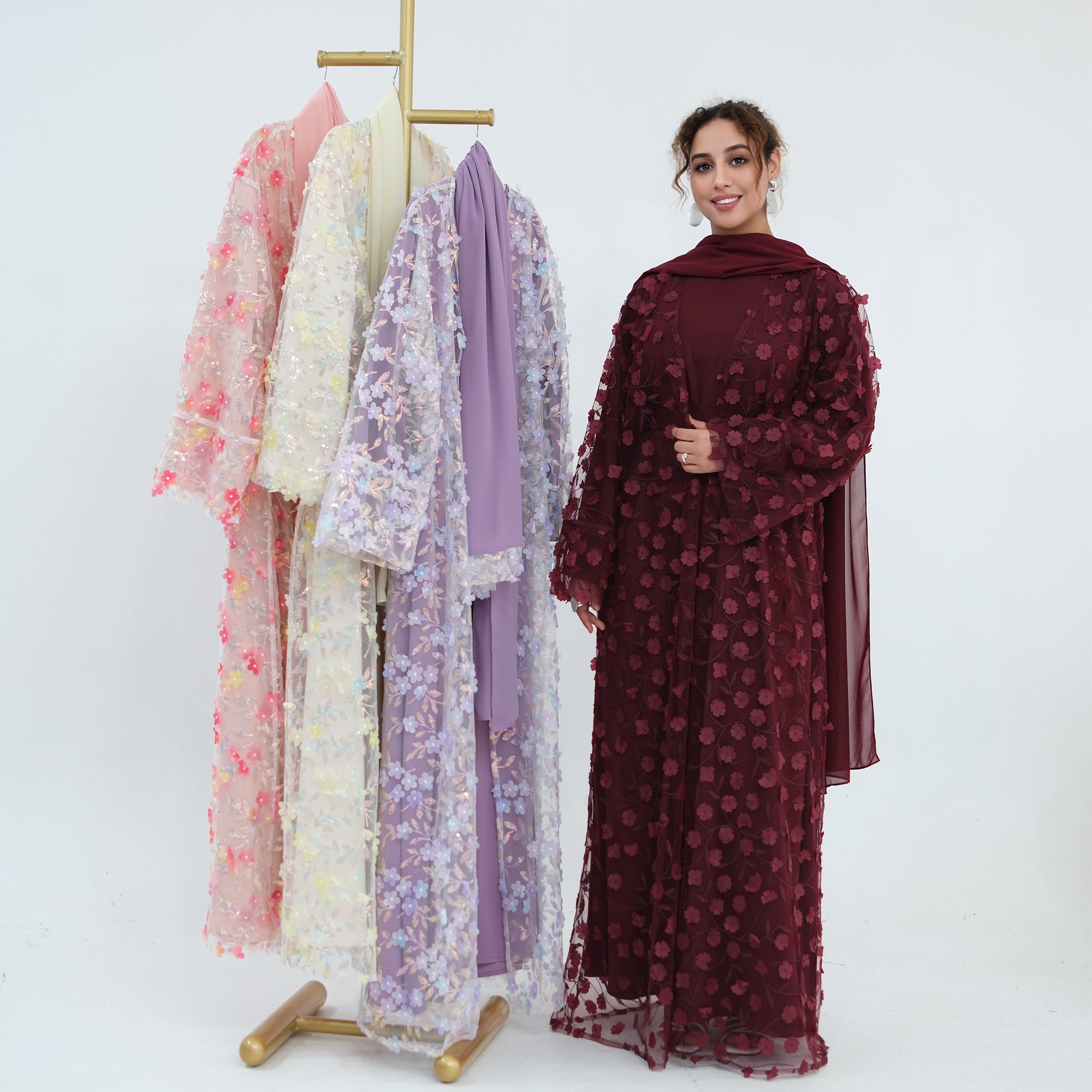Large-size three-piece set with three-dimensional flower patchwork cardigan and head scarf for inner wear LR1189