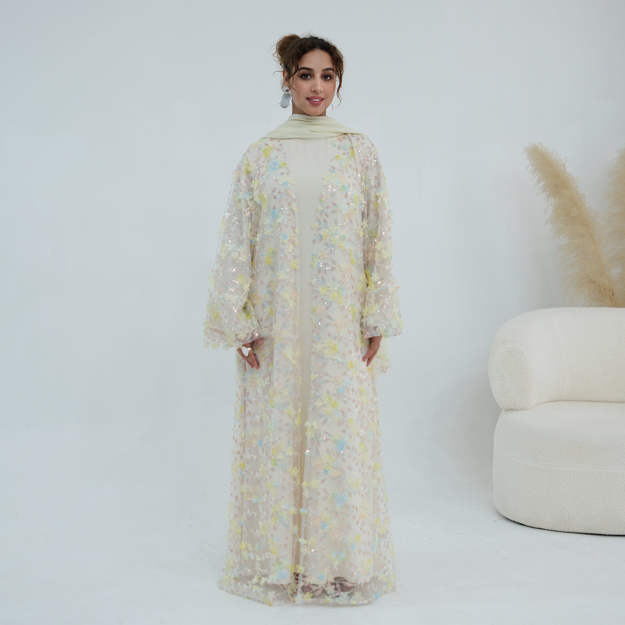 Large-size three-piece set with three-dimensional flower patchwork cardigan and head scarf for inner wear LR1189