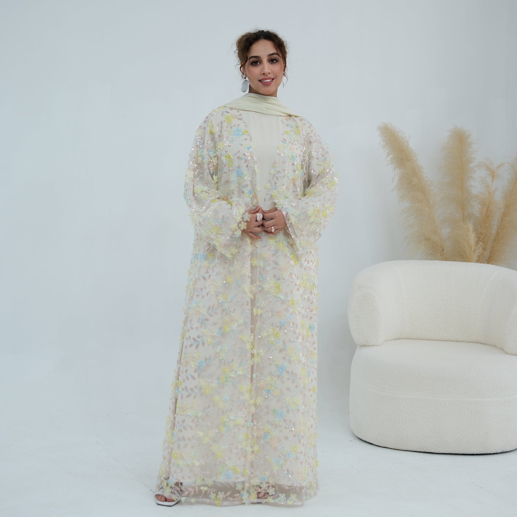 Large-size three-piece set with three-dimensional flower patchwork cardigan and head scarf for inner wear LR1189