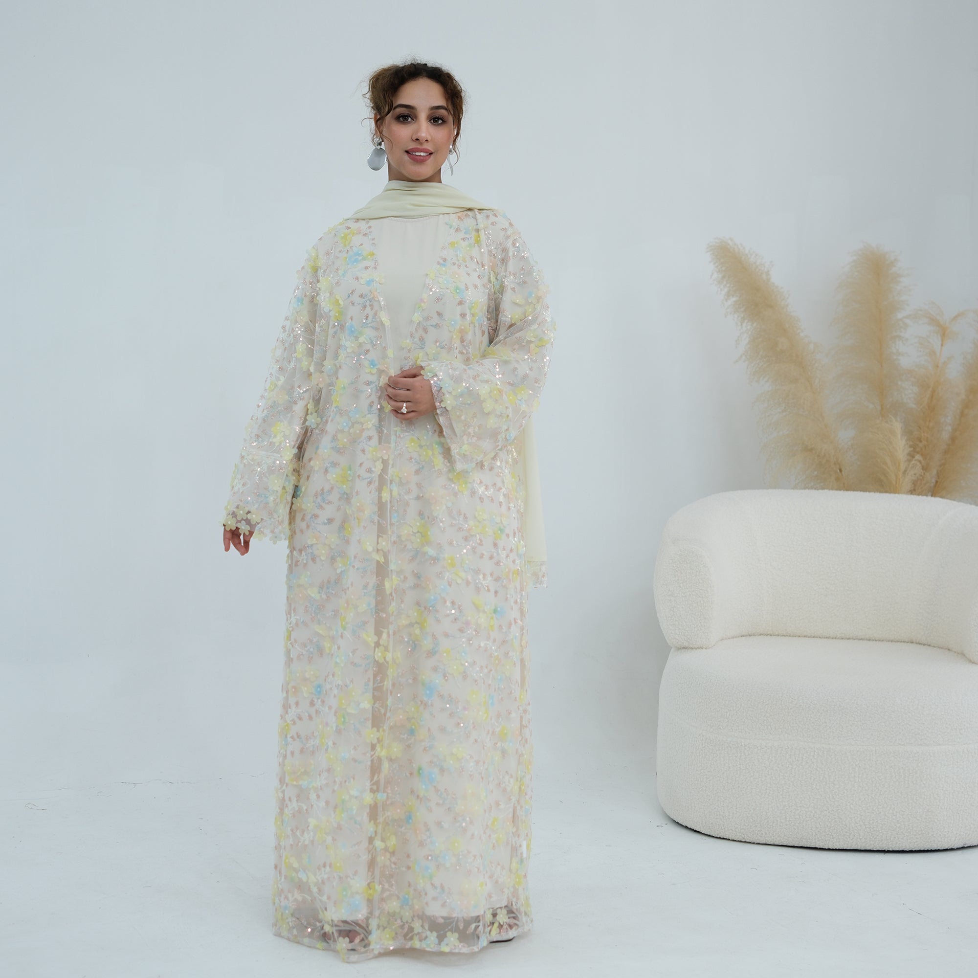 Large-size three-piece set with three-dimensional flower patchwork cardigan and head scarf for inner wear LR1189