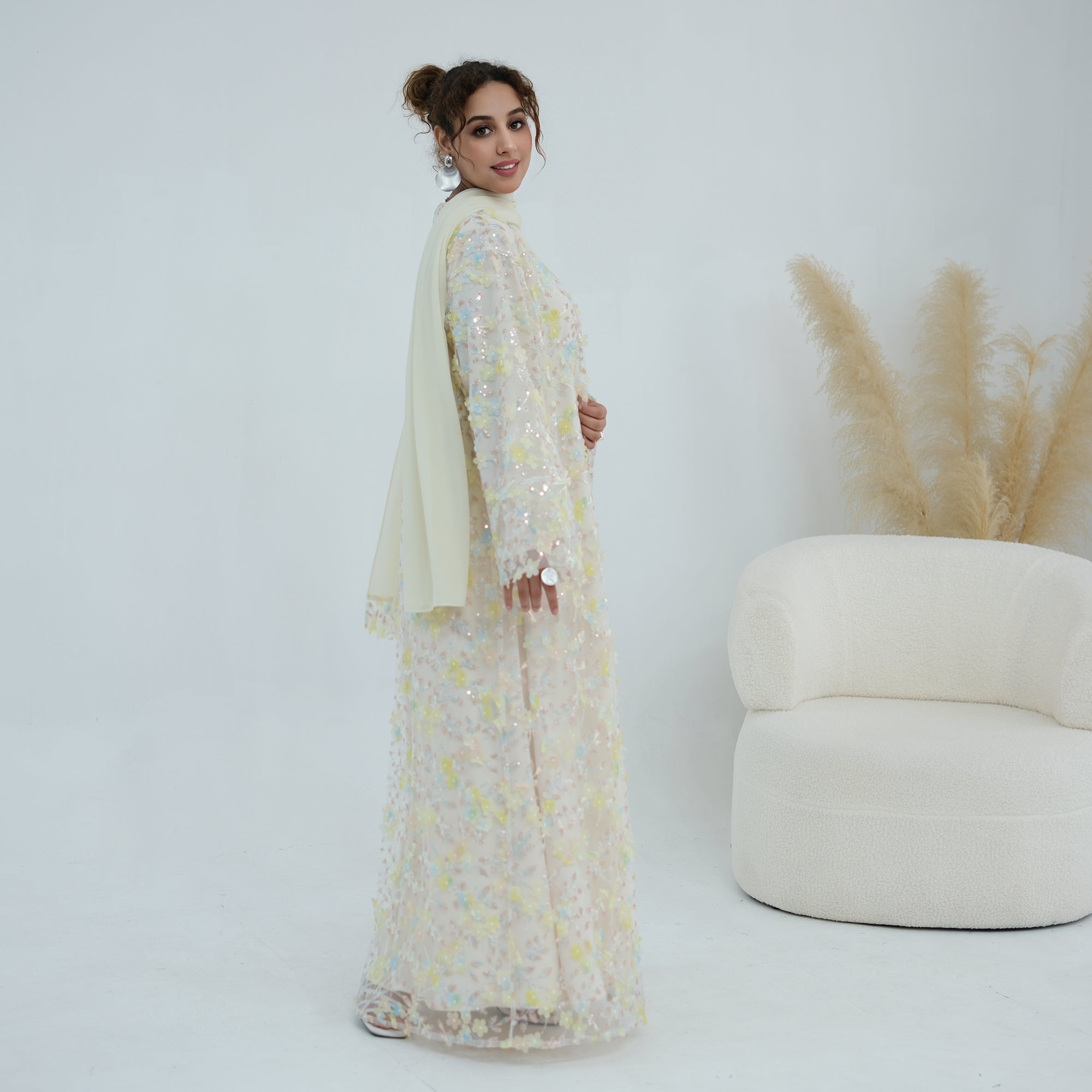 Large-size three-piece set with three-dimensional flower patchwork cardigan and head scarf for inner wear LR1189