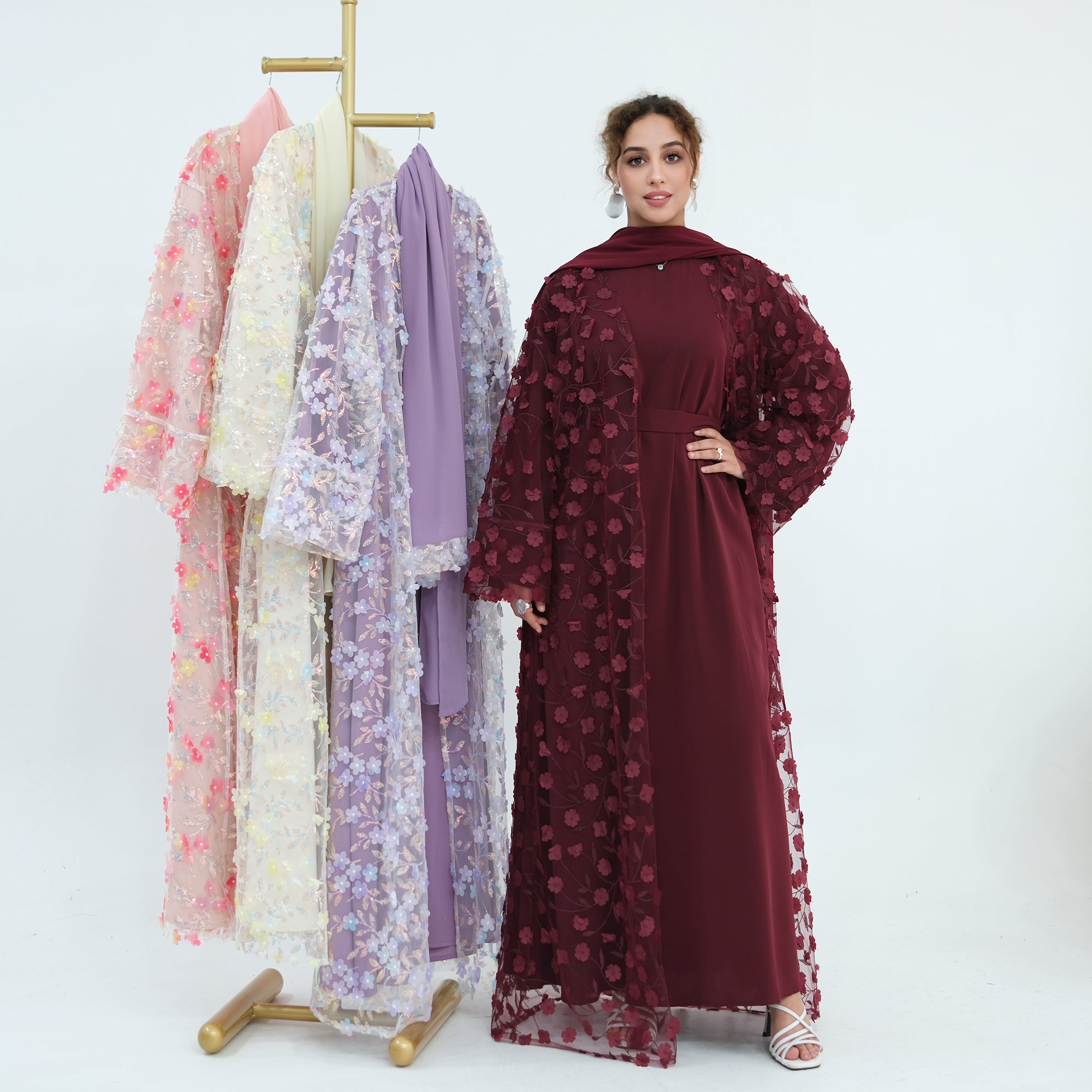 Large-size three-piece set with three-dimensional flower patchwork cardigan and head scarf for inner wear LR1189