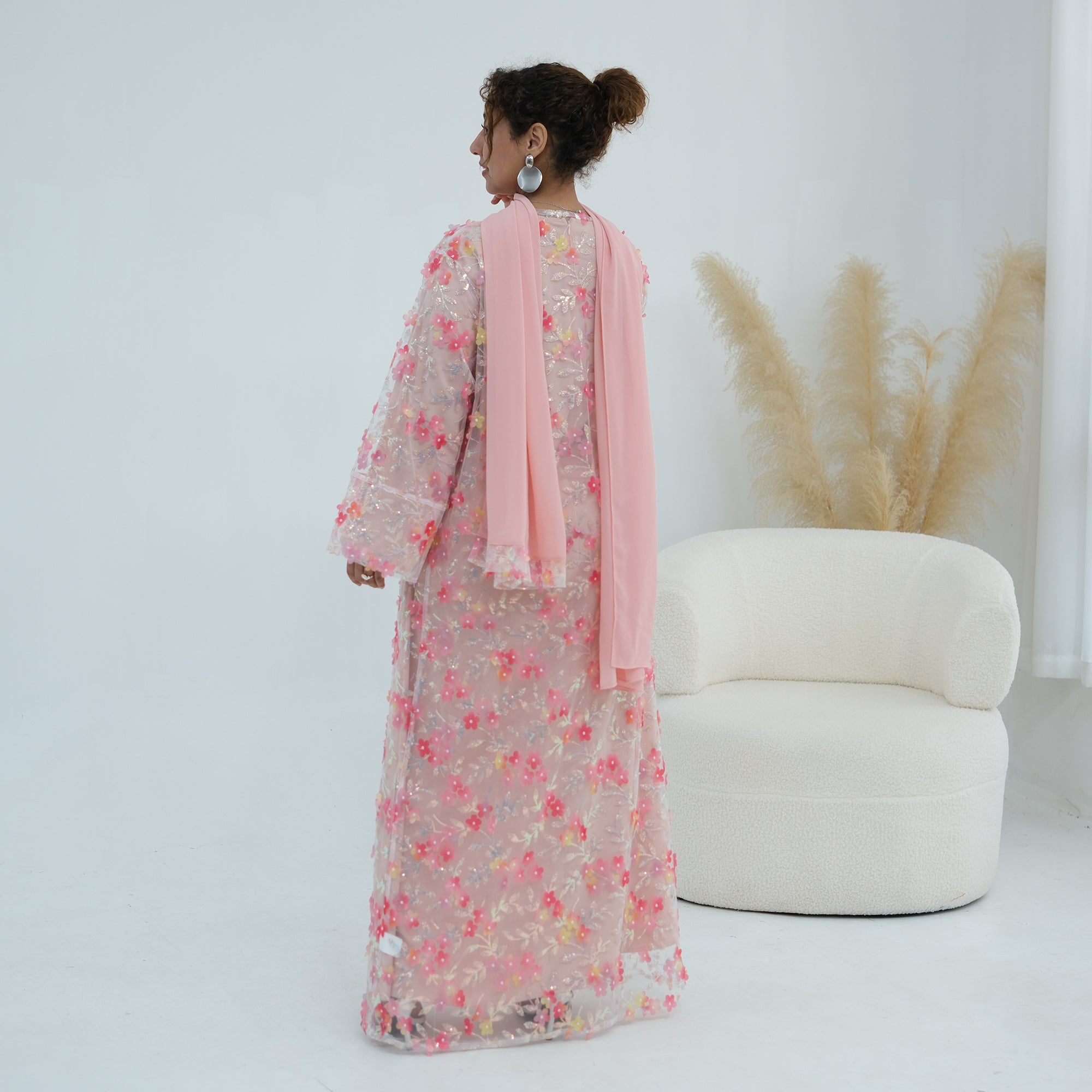 Large-size three-piece set with three-dimensional flower patchwork cardigan and head scarf for inner wear LR1189