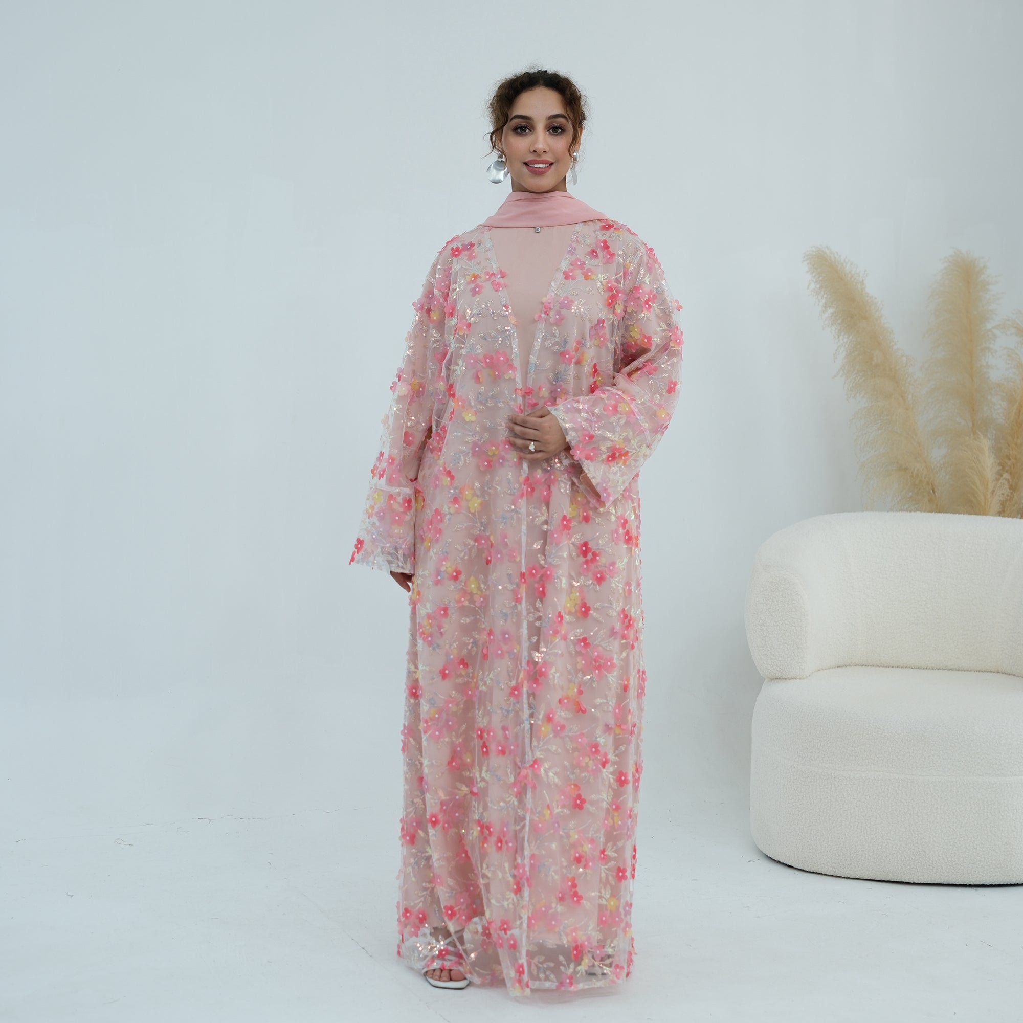 Large-size three-piece set with three-dimensional flower patchwork cardigan and head scarf for inner wear LR1189