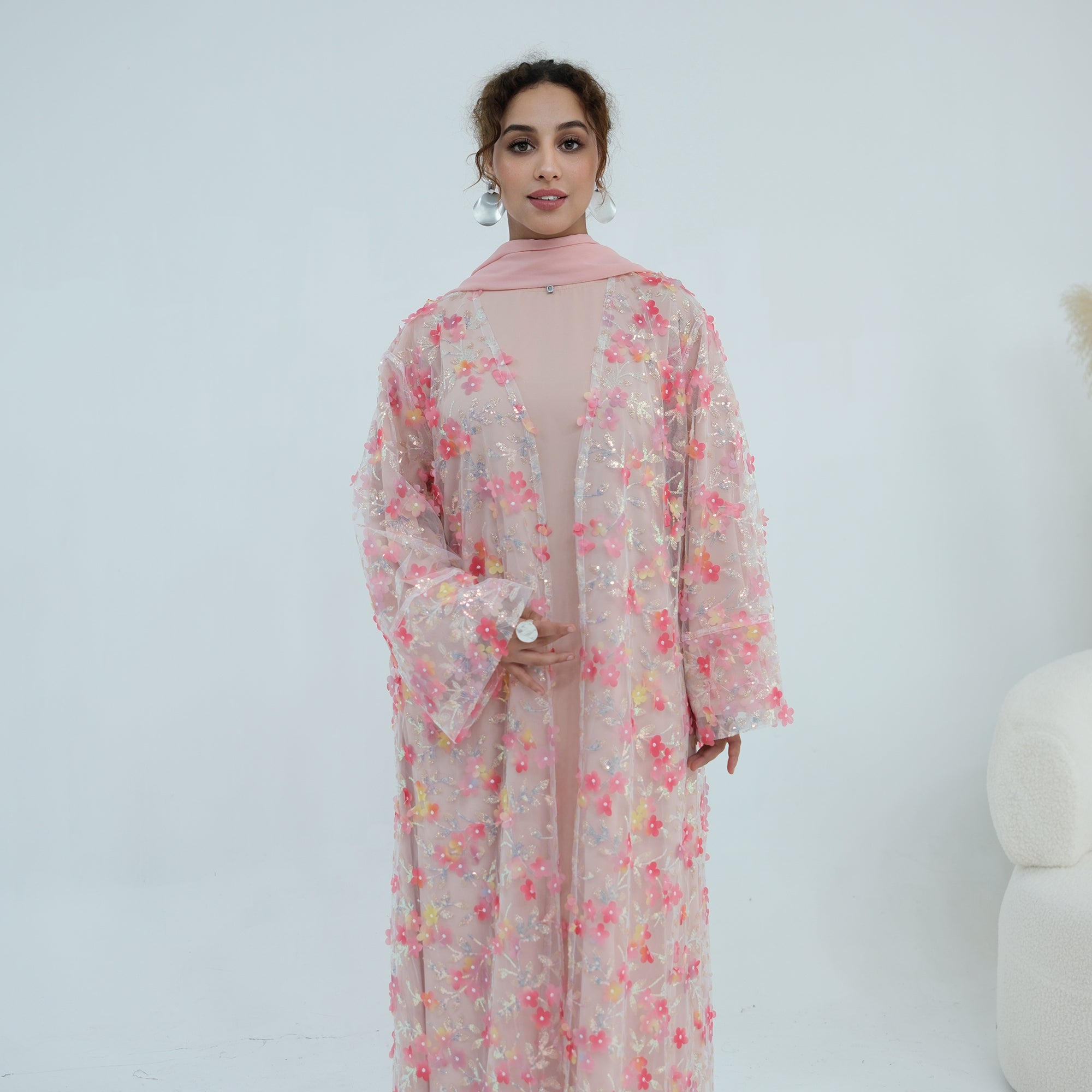 Large-size three-piece set with three-dimensional flower patchwork cardigan and head scarf for inner wear LR1189