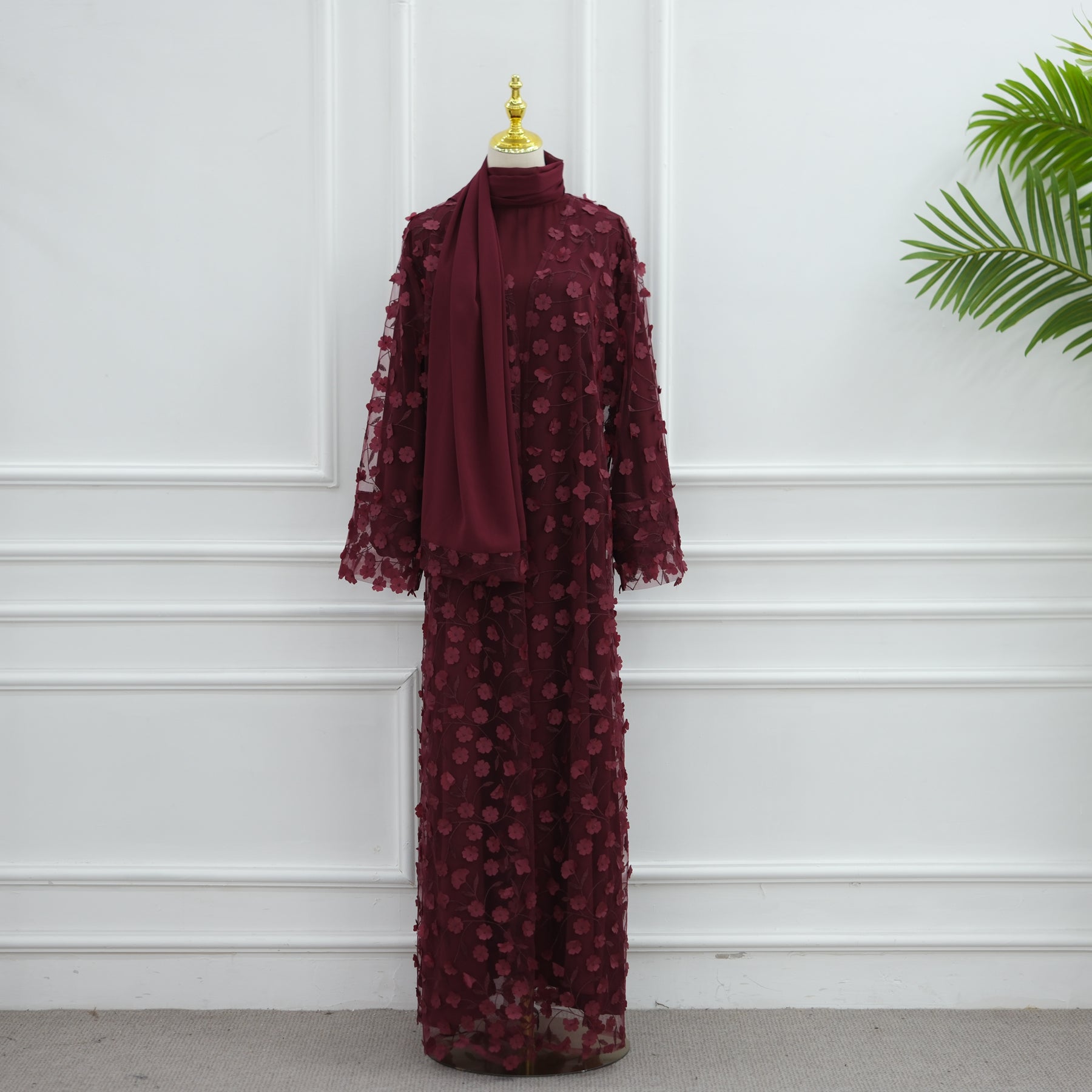 Large-size three-piece set with three-dimensional flower patchwork cardigan and head scarf for inner wear LR1189