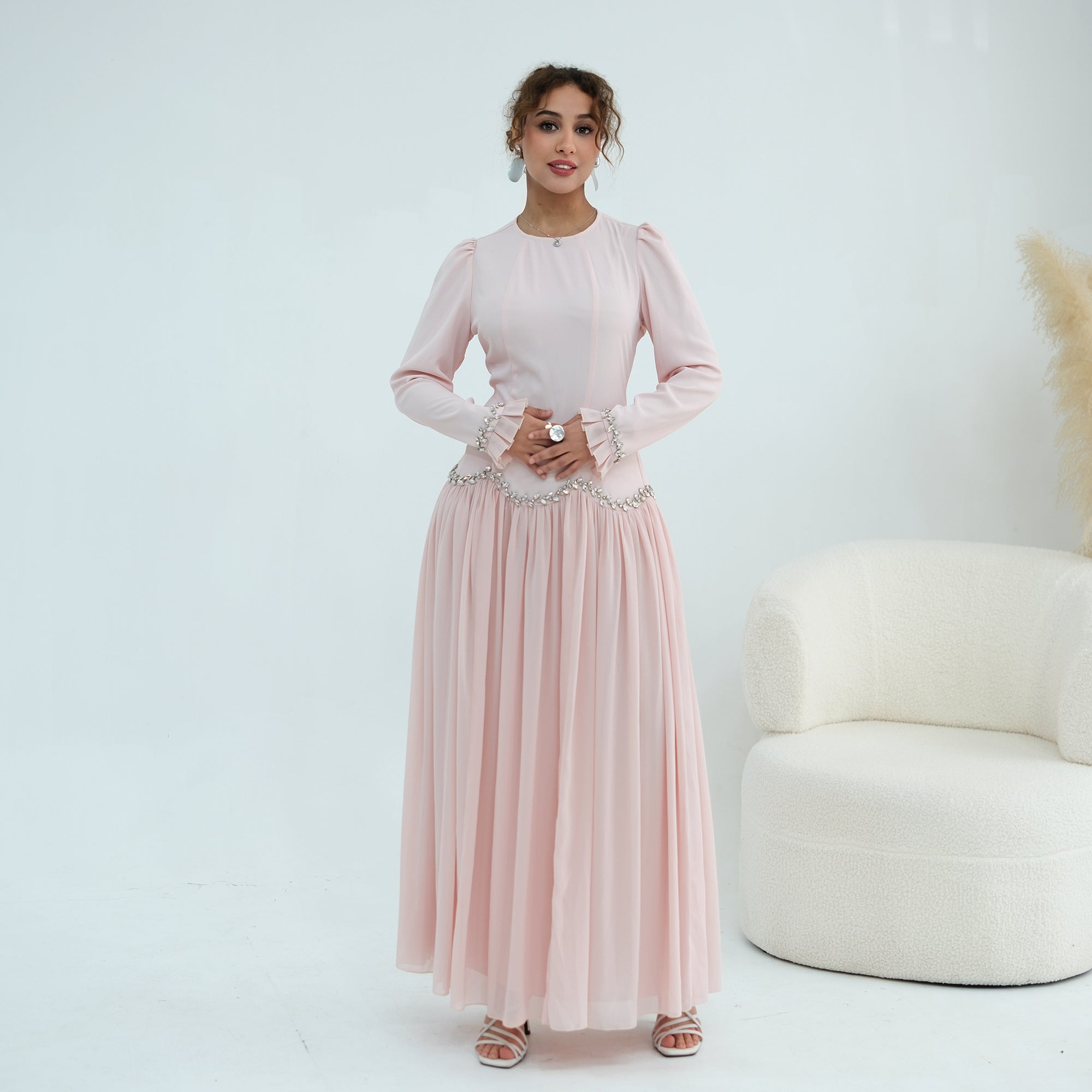 Long-sleeved party elegant stitching diamond dress LR1190