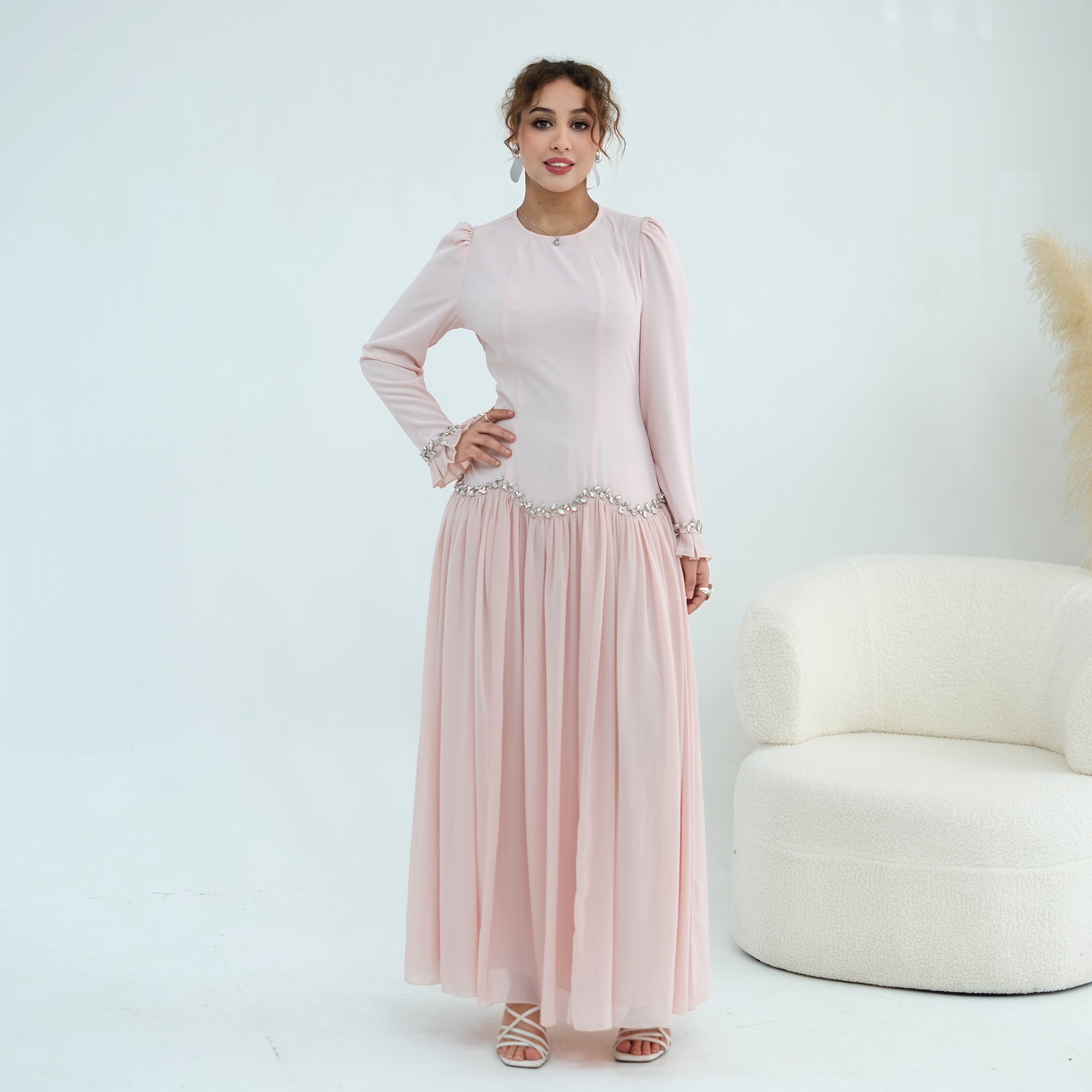 Long-sleeved party elegant stitching diamond dress LR1190