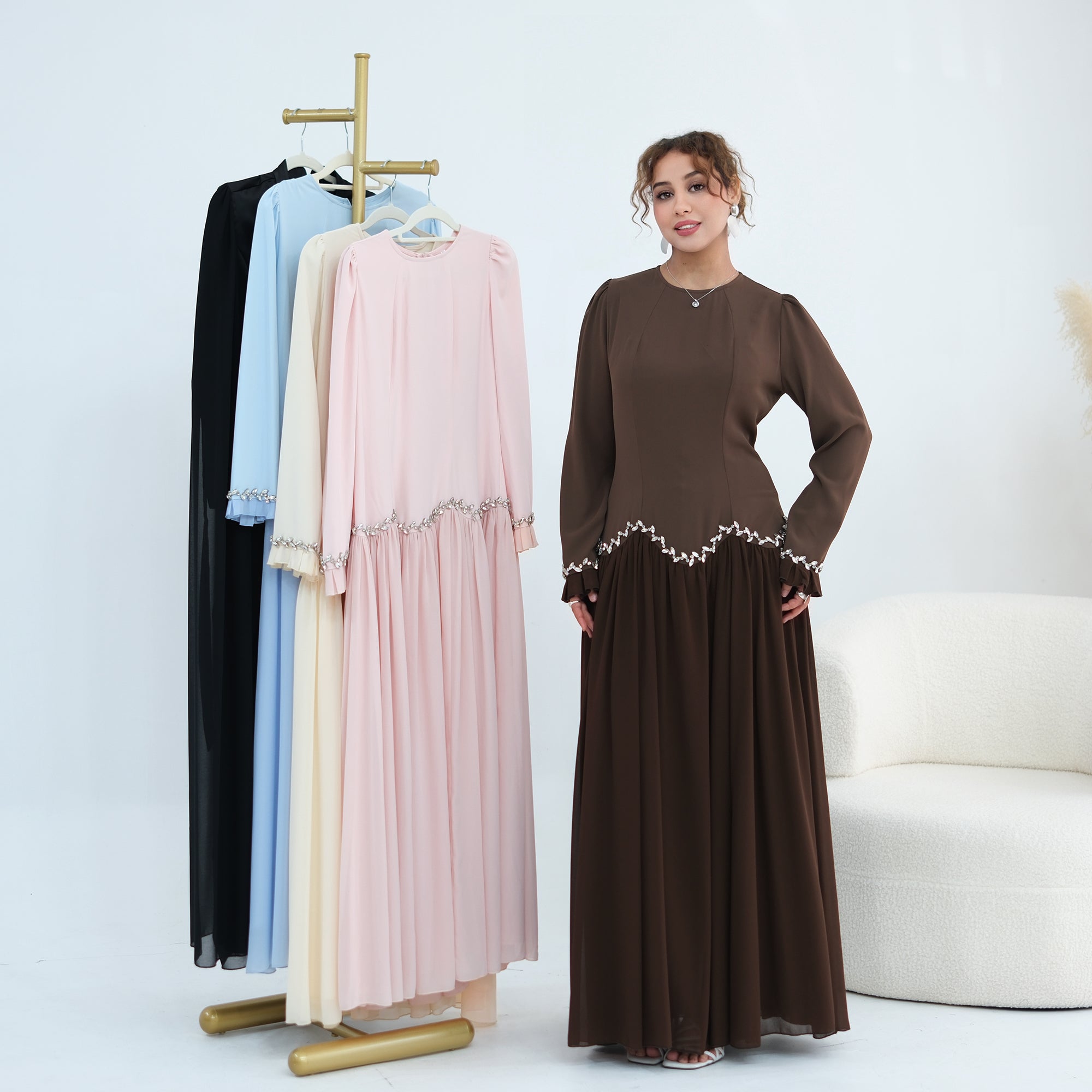 Long-sleeved party elegant stitching diamond dress LR1190