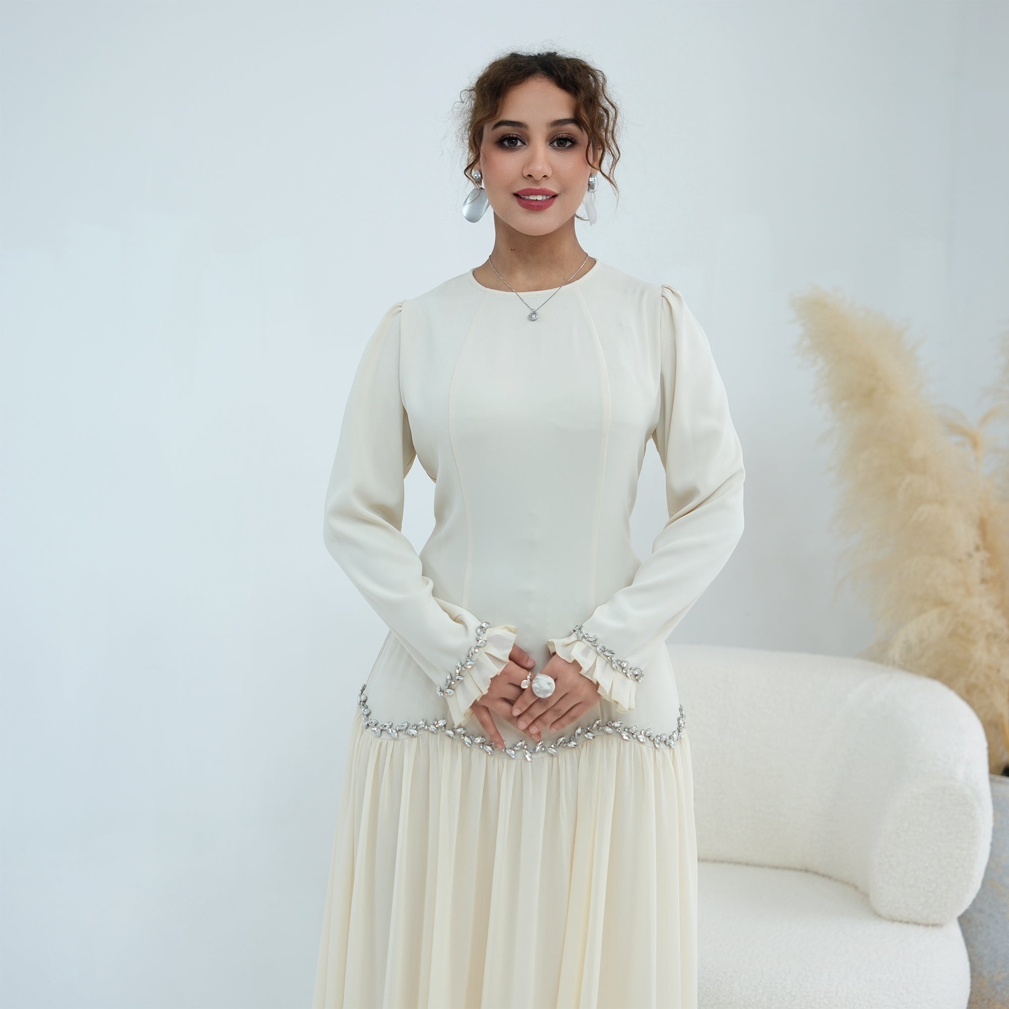 Long-sleeved party elegant stitching diamond dress LR1190