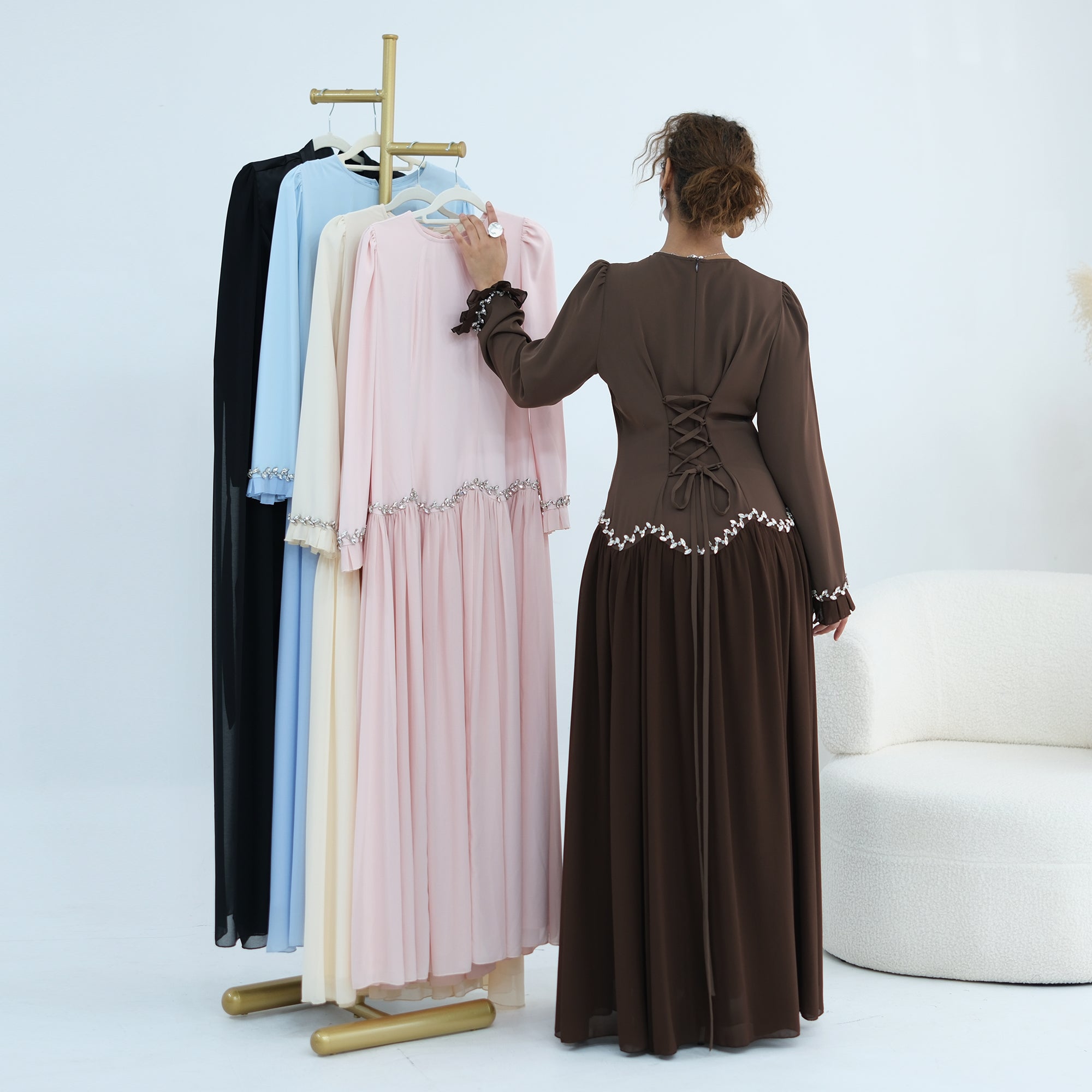 Long-sleeved party elegant stitching diamond dress LR1190