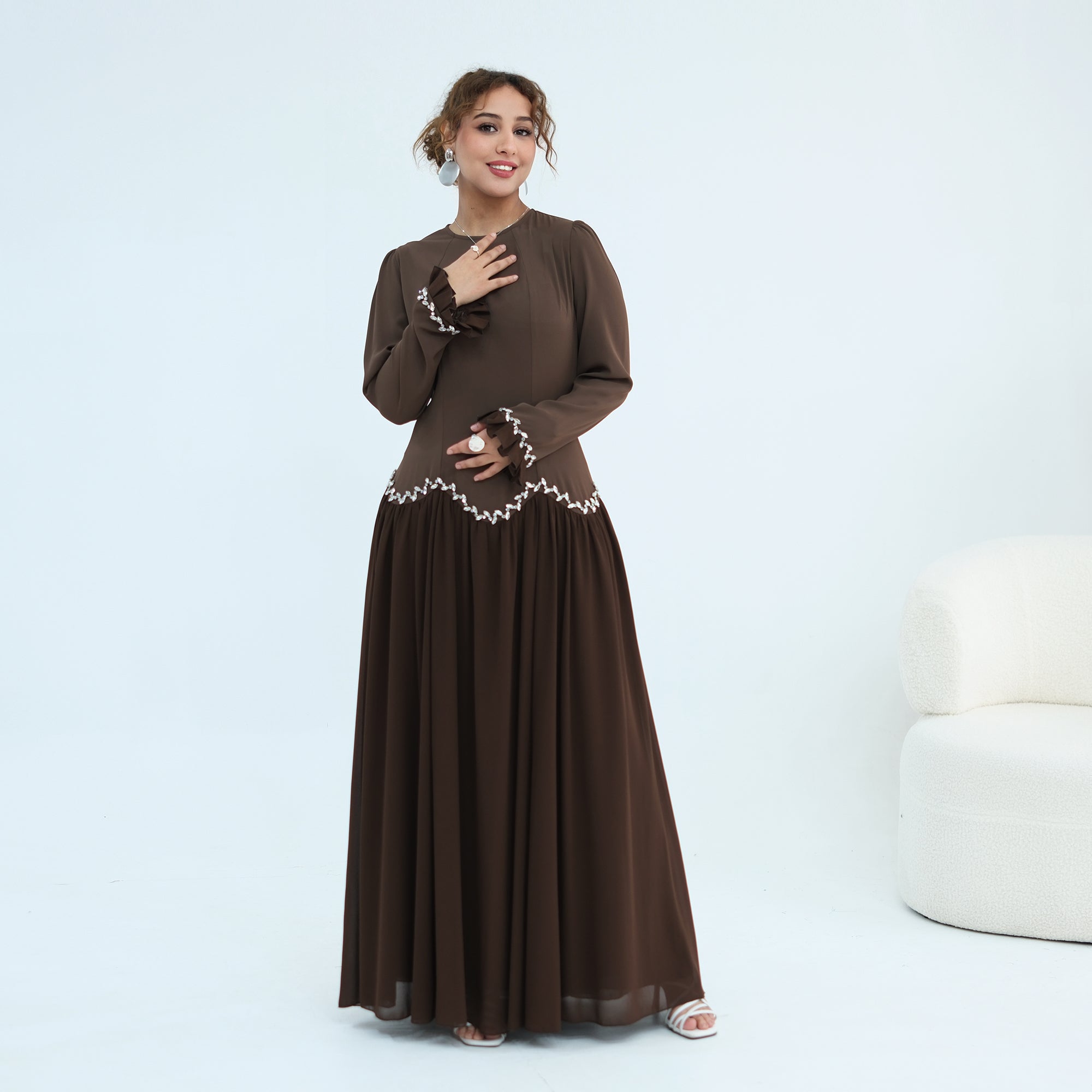Long-sleeved party elegant stitching diamond dress LR1190