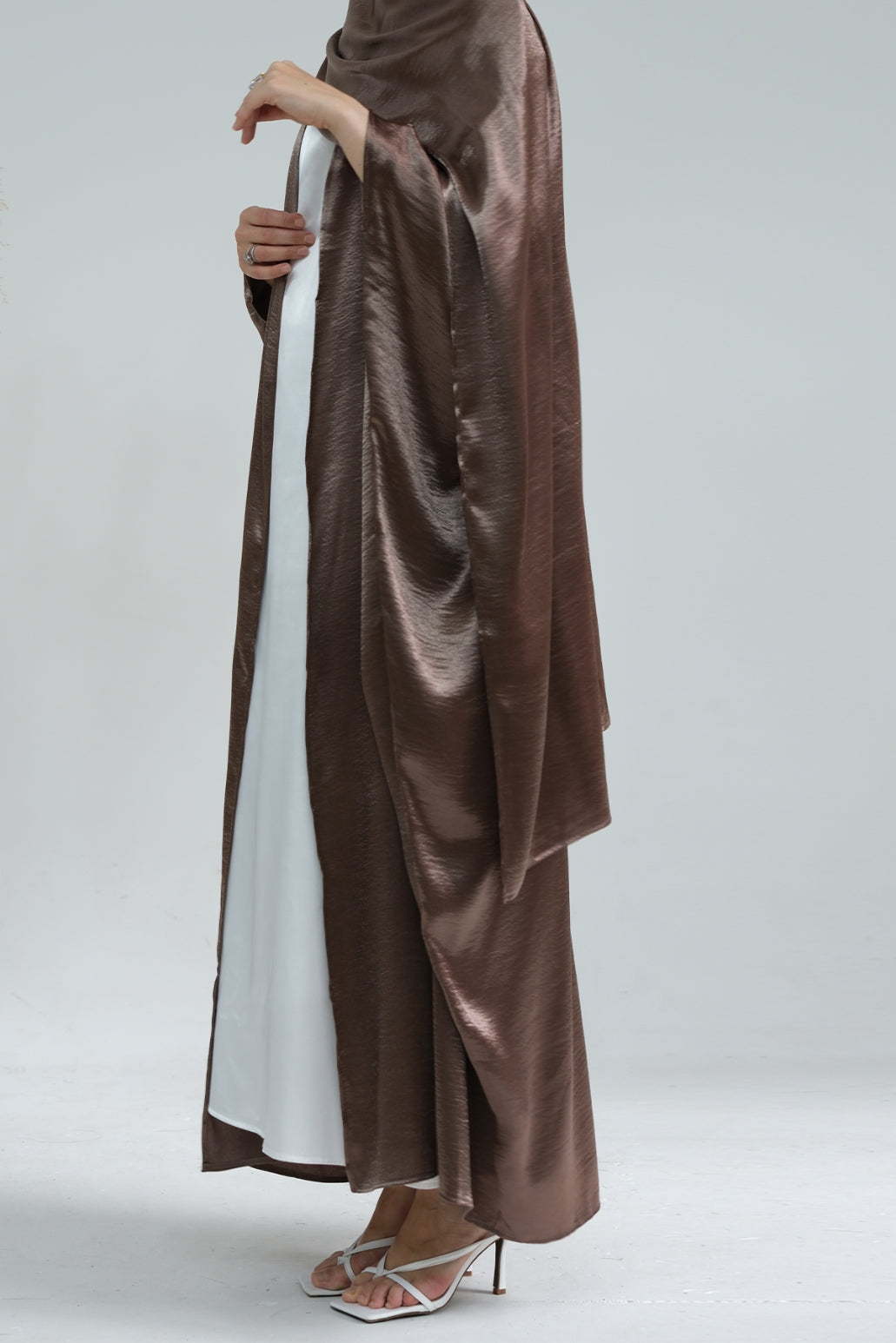 Syntia Shiny Satin Modest Open Abaya 636 - Coffee - Meliza