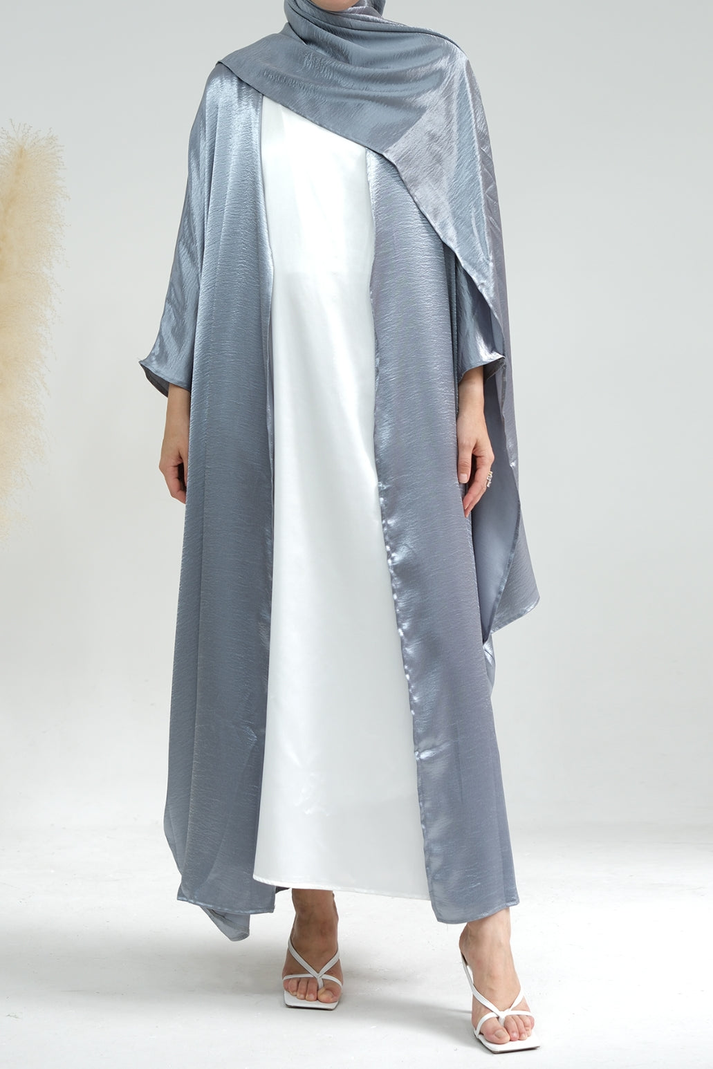 Syntia Shiny Satin Modest Open Abaya 636 - Grey - Meliza