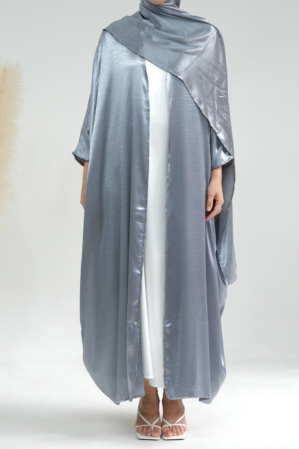 Syntia Shiny Satin Modest Open Abaya 636 - Grey - Meliza