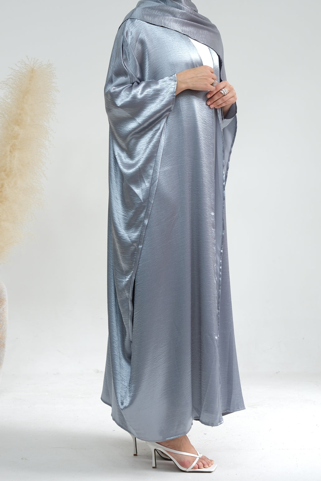 Syntia Shiny Satin Modest Open Abaya 636 - Grey - Meliza