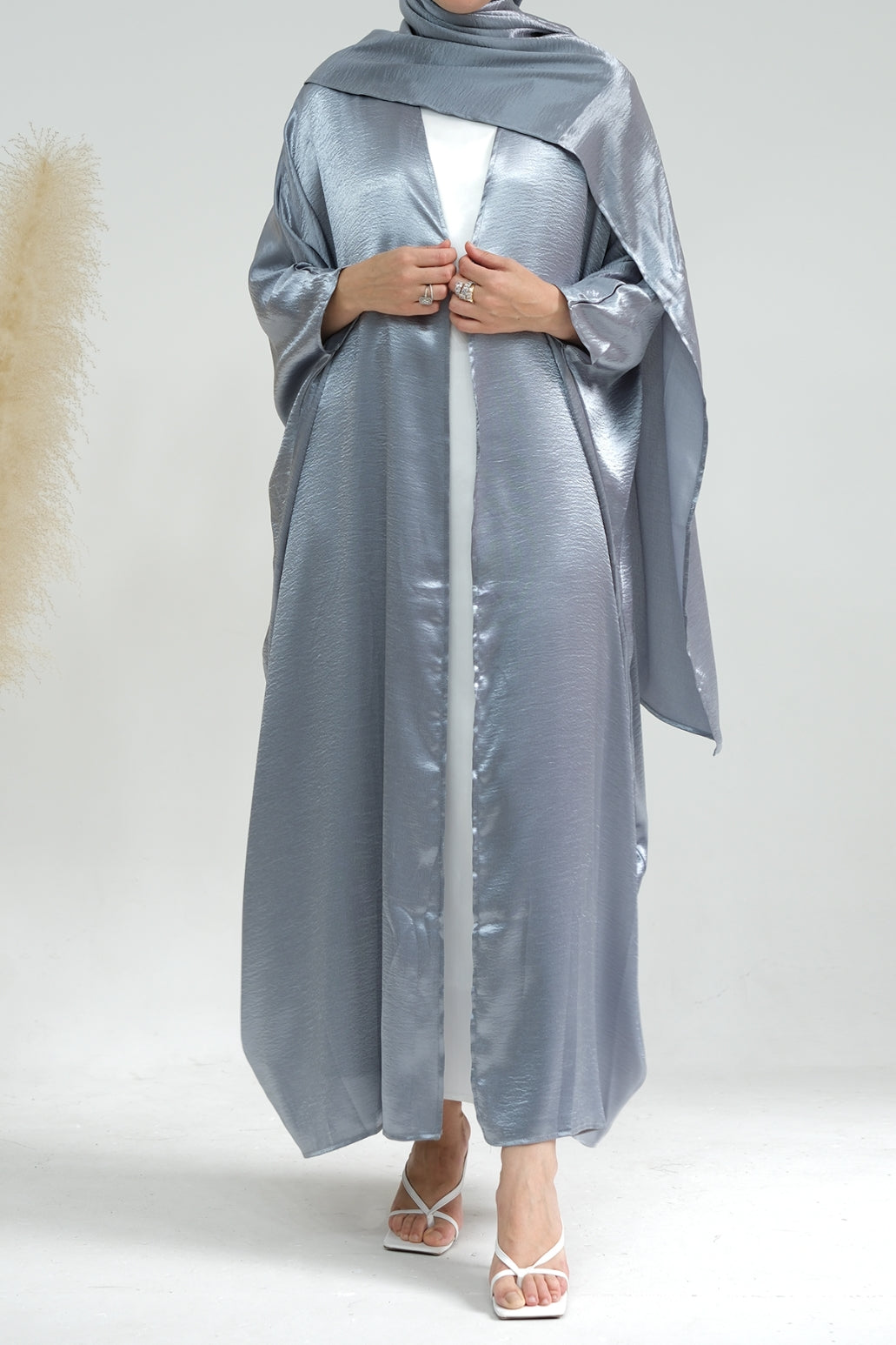 Syntia Shiny Satin Modest Open Abaya 636 - Grey - Meliza