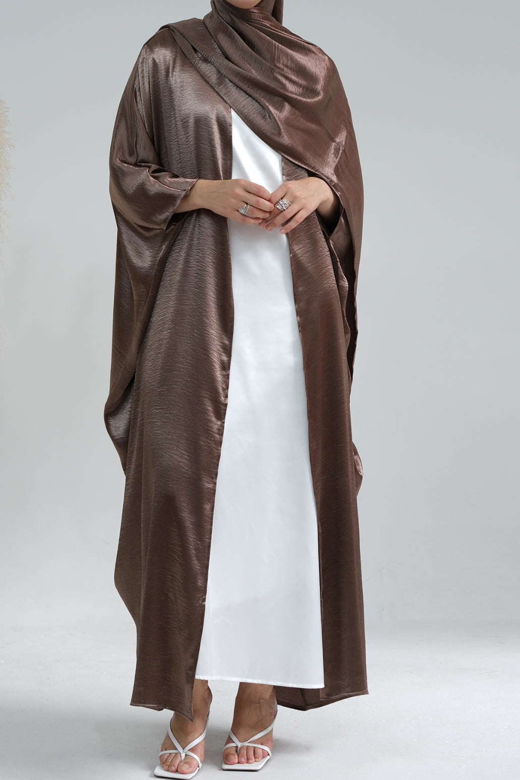 Syntia Shiny Satin Modest Open Abaya 636 - Coffee - Meliza