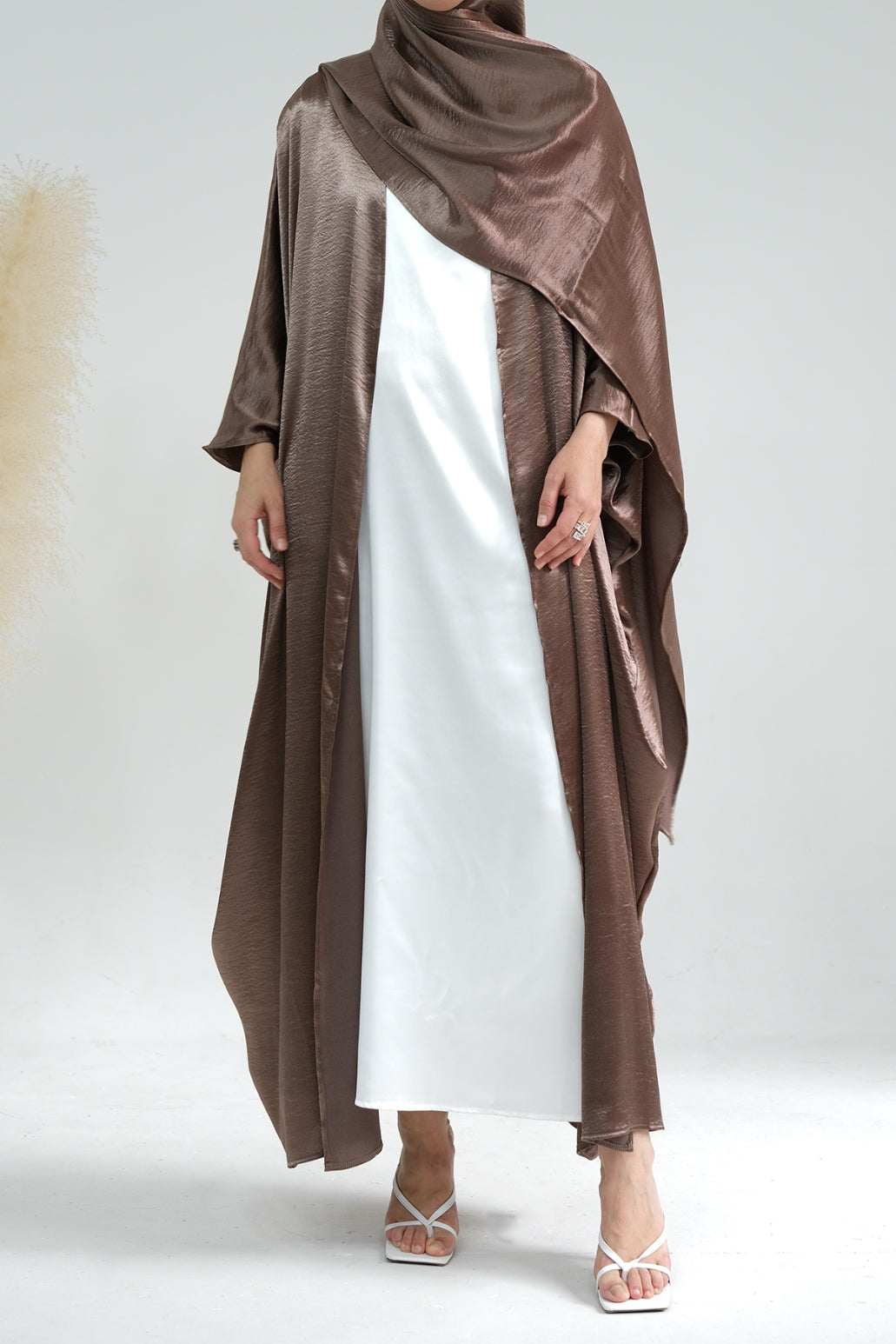 Syntia Shiny Satin Modest Open Abaya 636 - Coffee - Meliza