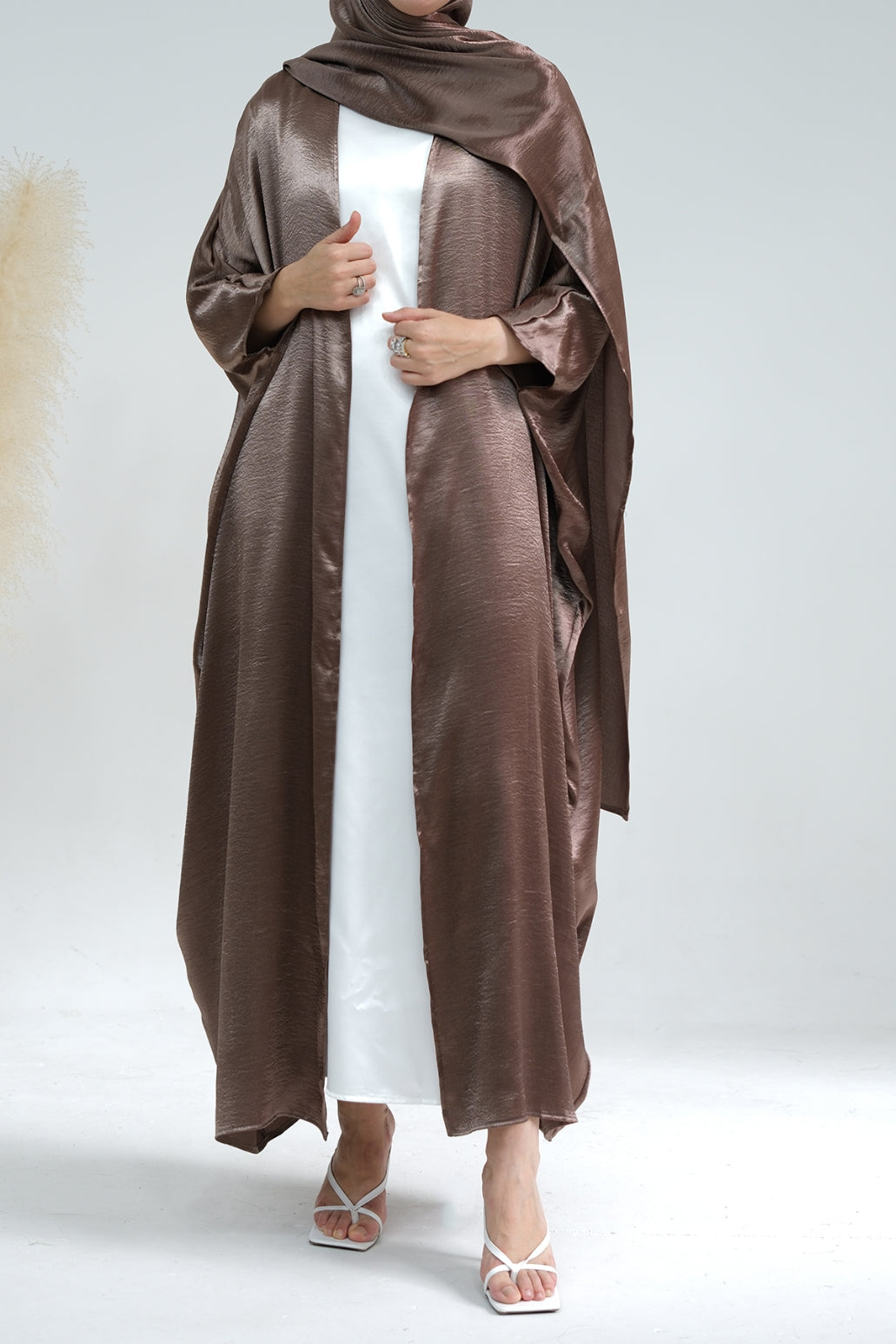 Syntia Shiny Satin Modest Open Abaya 636 - Coffee - Meliza