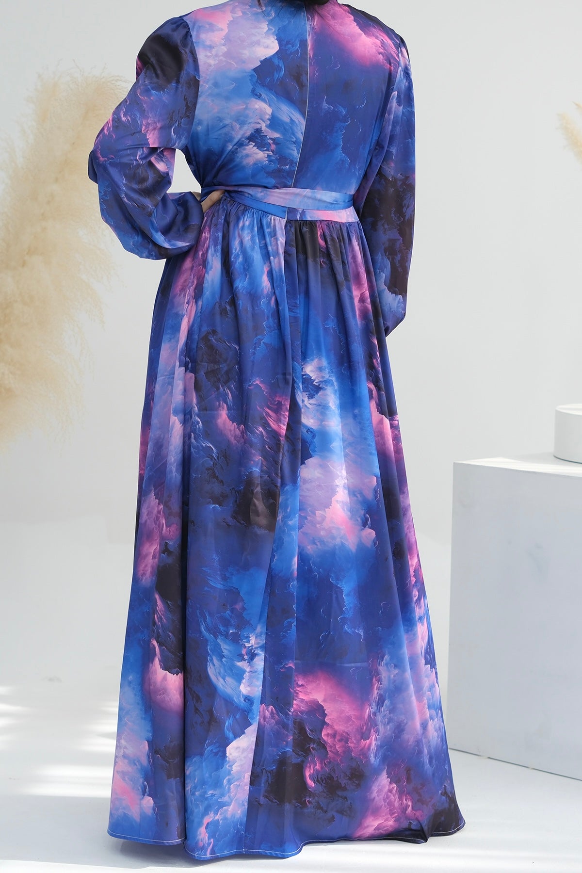 Rimsha Tie-Dye Galaxy Lantern Sleeve Maxi Dress Abaya with High Collar and Belt 721