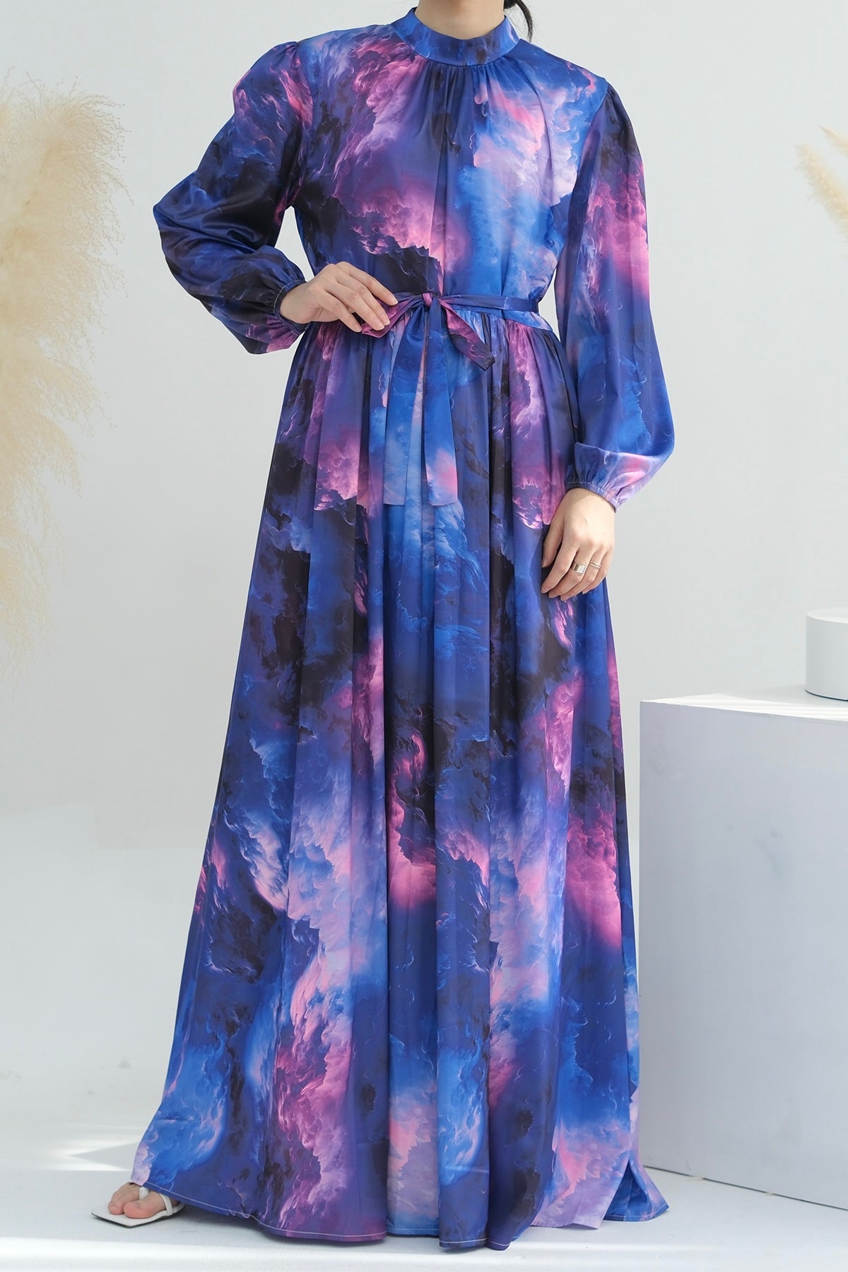 Rimsha Tie-Dye Galaxy Lantern Sleeve Maxi Dress Abaya with High Collar and Belt 721