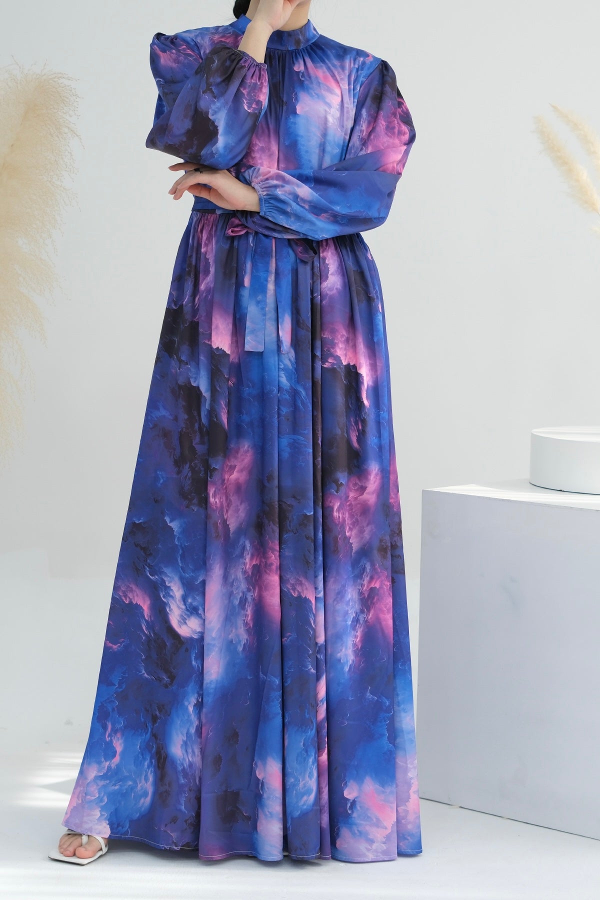 Rimsha Tie-Dye Galaxy Lantern Sleeve Maxi Dress Abaya with High Collar and Belt 721