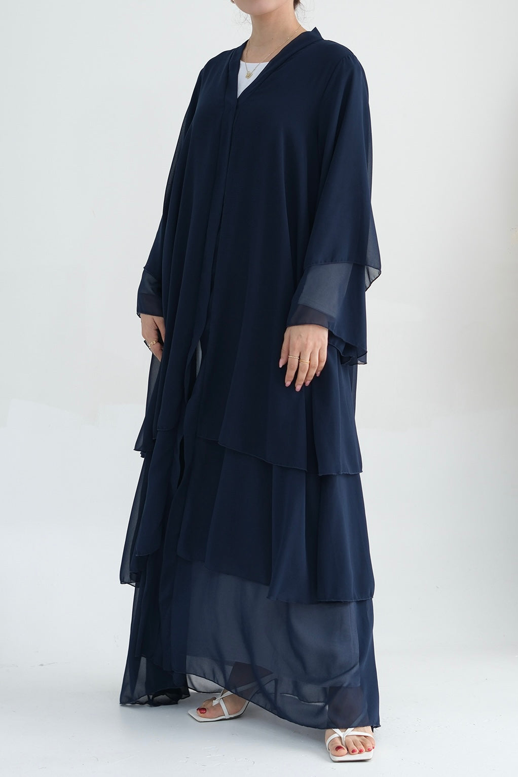 Shiza Chiffon Three-tiered Open abaya with belt 750-Dark Blue