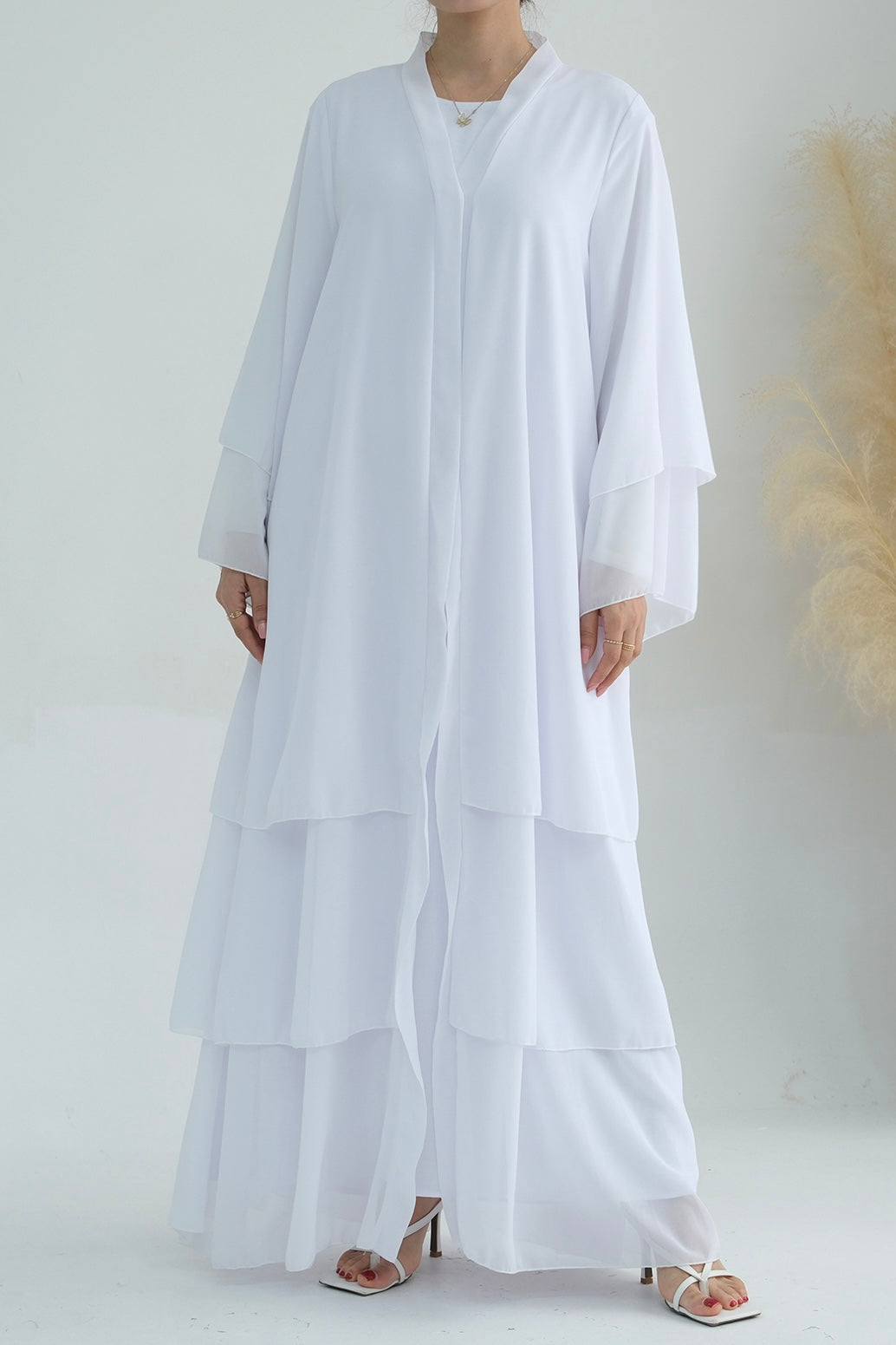 Shiza Chiffon Three-Tiered Open Abaya with belt 750-White