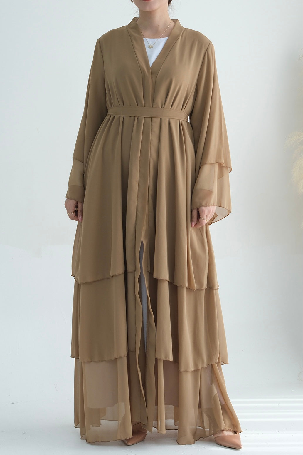 Shiza Chiffon Three-Tiered Open Abaya with belt 750-Khaki