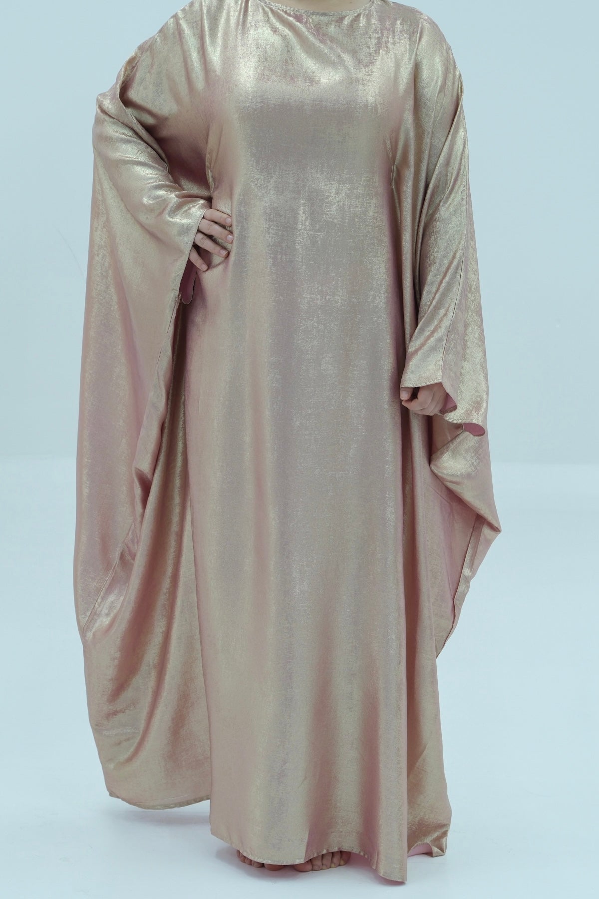 Kayla Shiny Metallic Shimmer Batwing Butterfly Sleeve Maxi Dress Kaftan Abaya 778-Pink