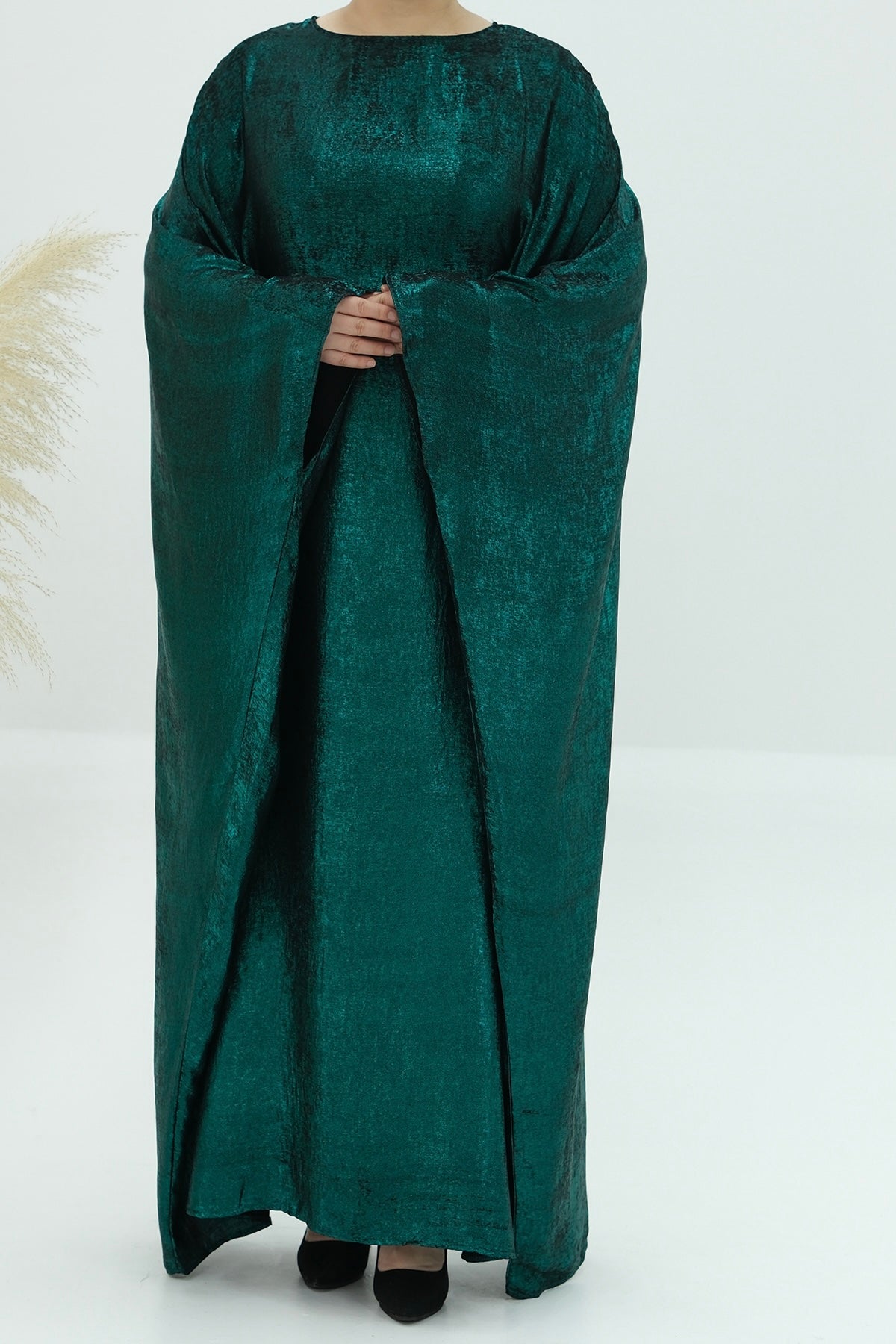 Kayla Shiny Metallic Shimmer Batwing Butterfly Sleeve Maxi Dress Kaftan Abaya 778-Dark Green