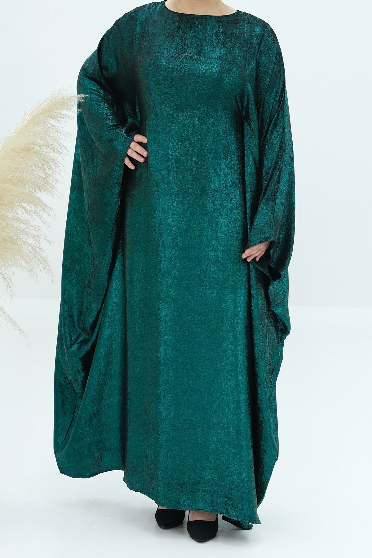 Kayla Shiny Metallic Shimmer Batwing Butterfly Sleeve Maxi Dress Kaftan Abaya 778 - Dark Green