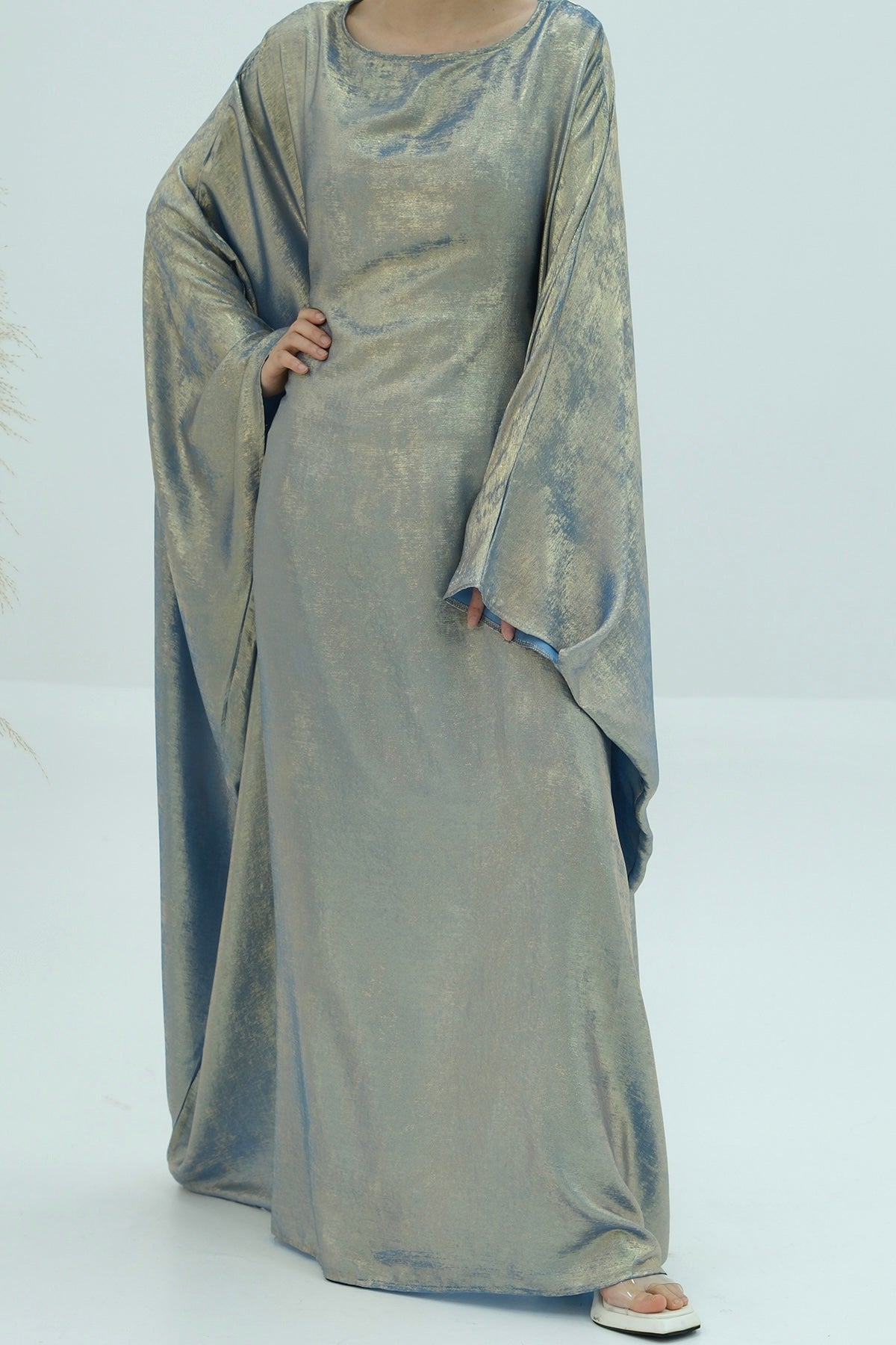 Kayla Shiny Metallic Shimmer Batwing Butterfly Sleeve Maxi Dress Kaftan Abaya 778-Golden Ocean