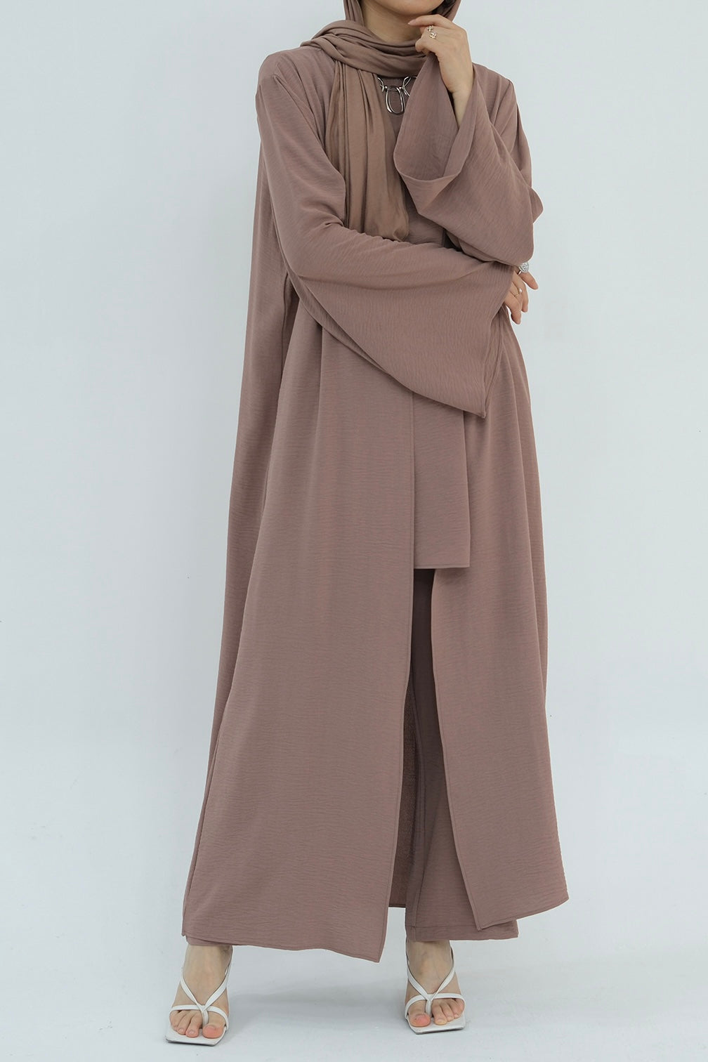 Sadia Stylish Casual Three-Piece Abaya Set 779-RosyBrown