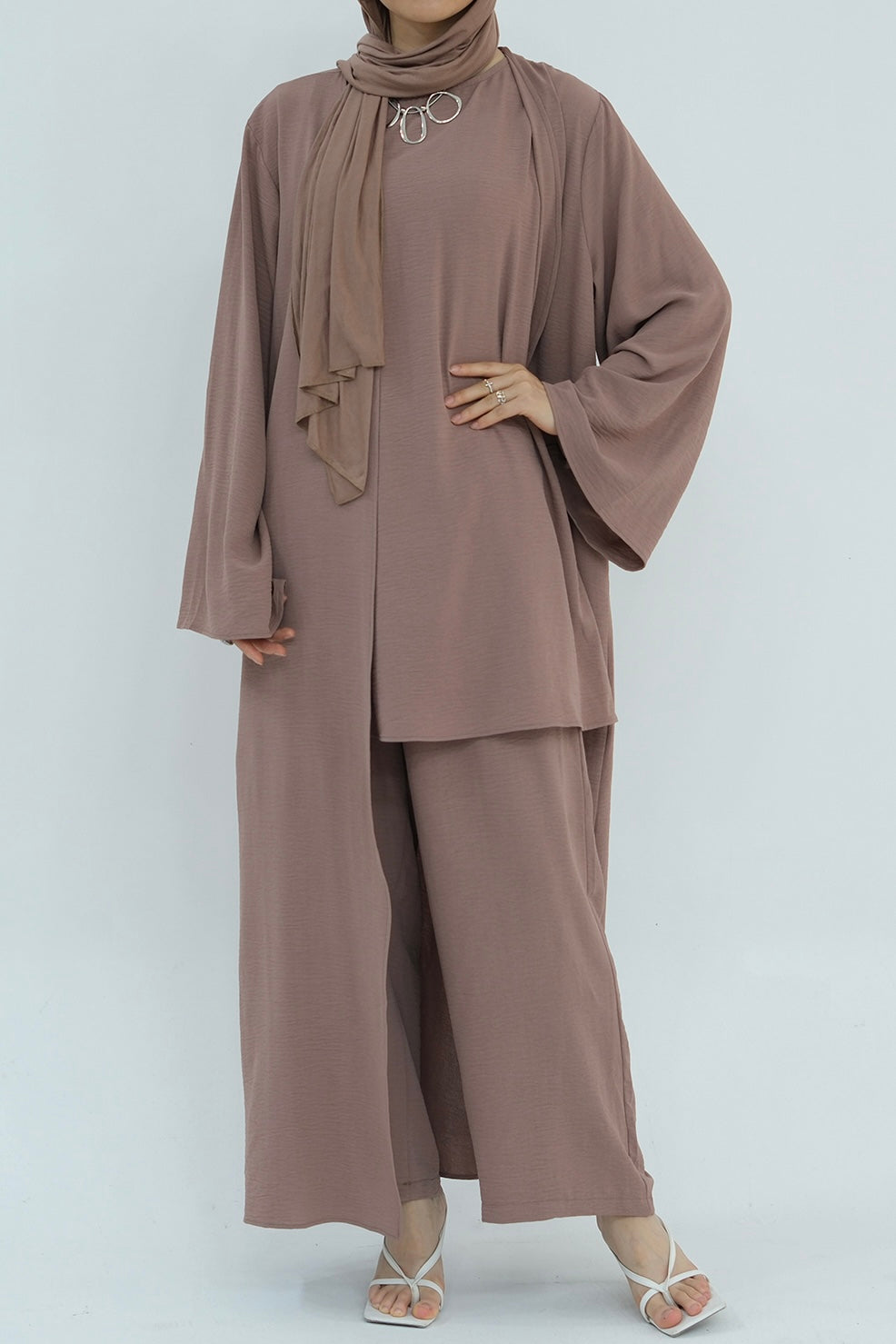 Sadia Stylish Casual Three-Piece Abaya Set 779-RosyBrown