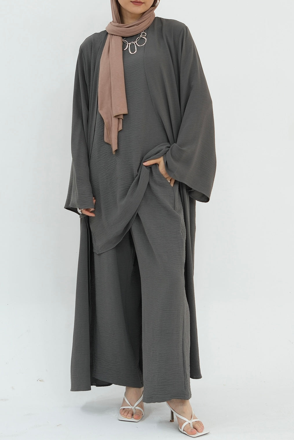 Sadia Stylish Casual Three-Piece Abaya Set 779-Gray