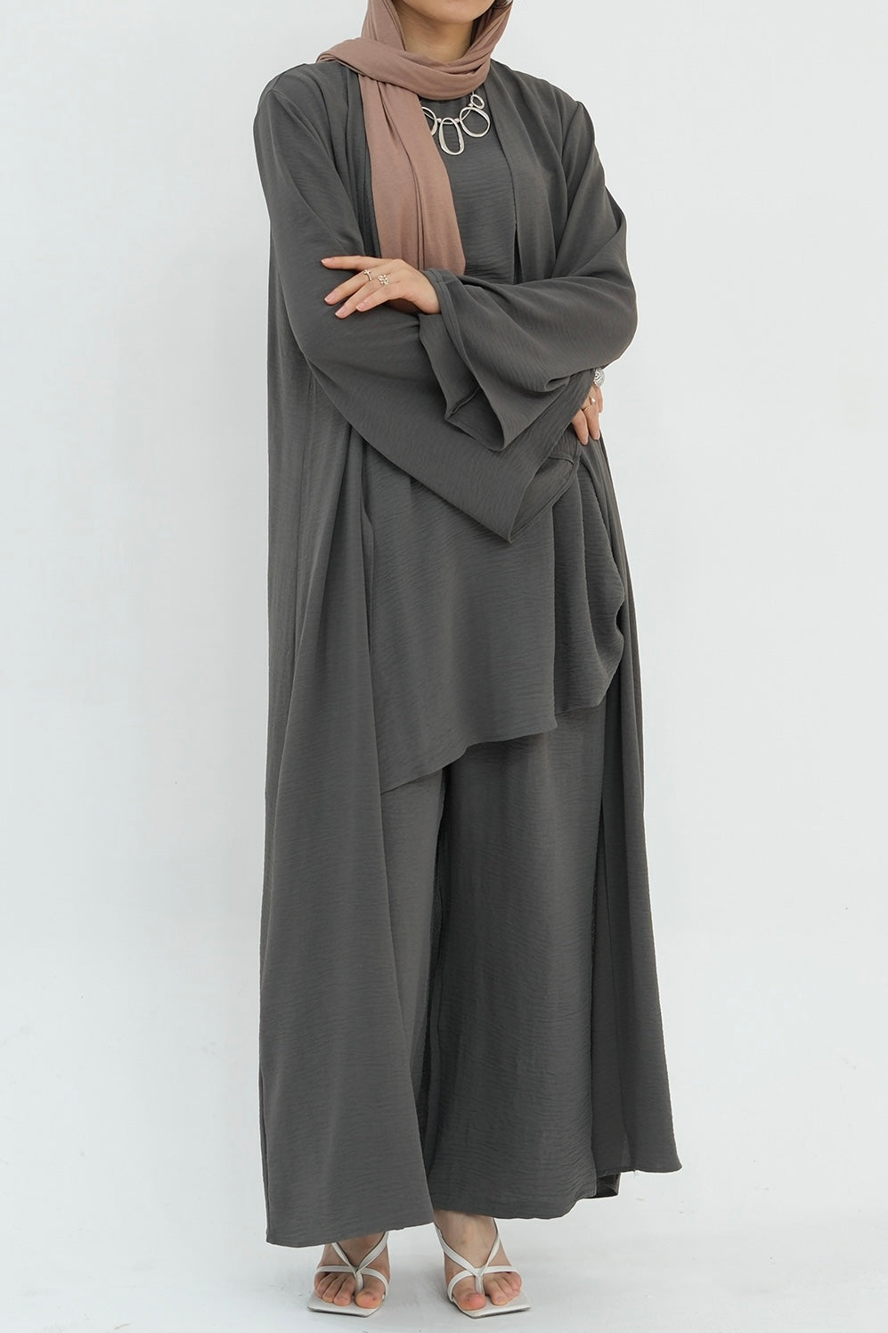 Sadia Stylish Casual Three-Piece Abaya Set 779-Gray