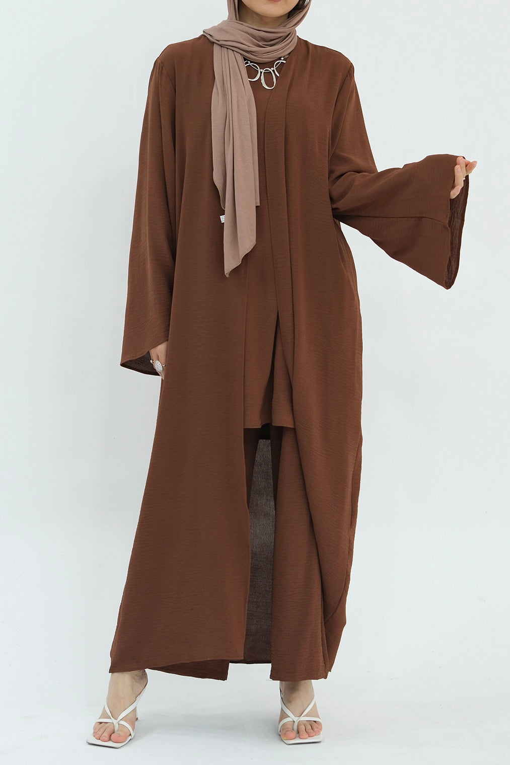 Sadia Stylish Casual Three-Piece Abaya Set 779-Coffee