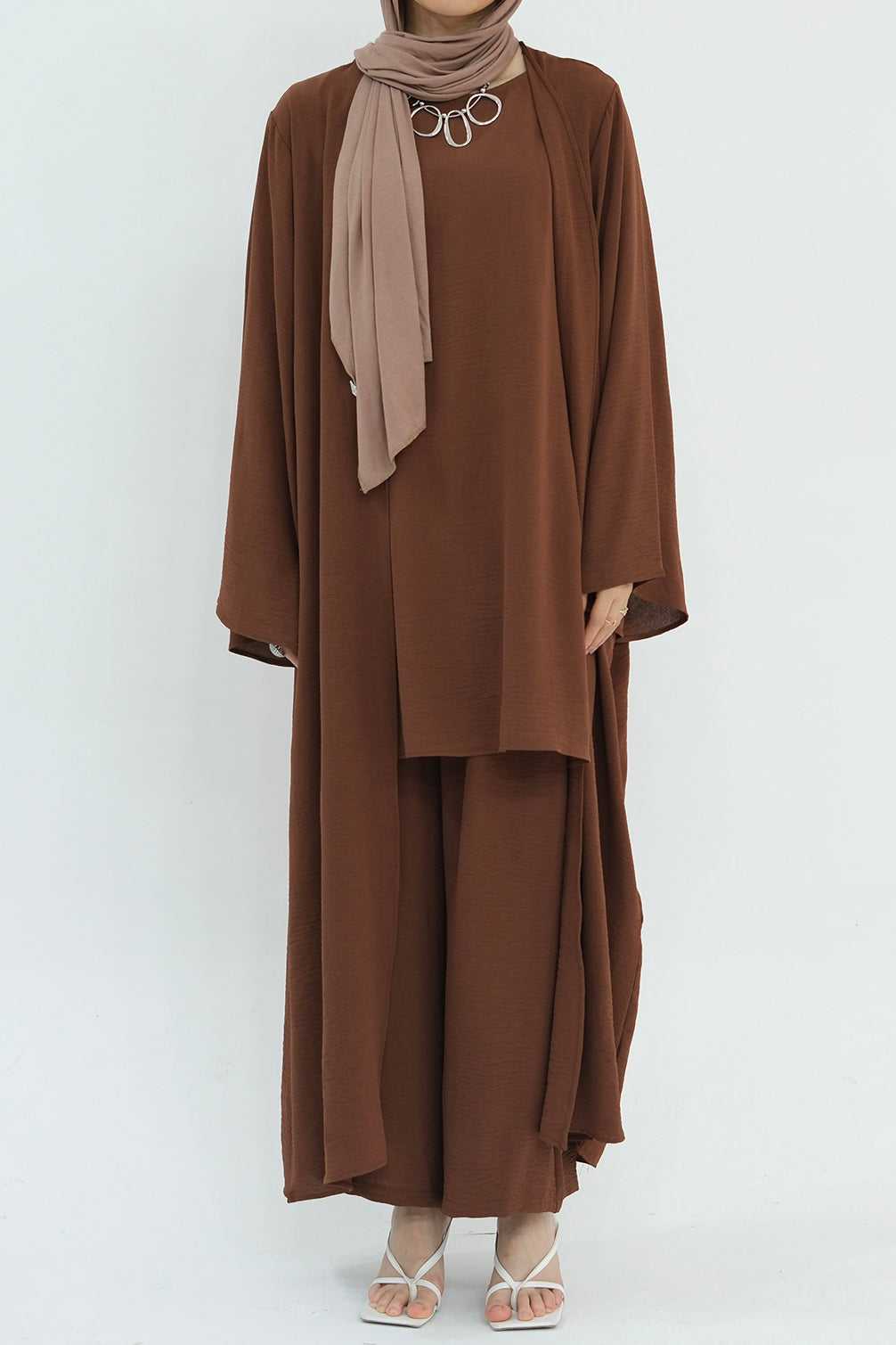 Sadia Stylish Casual Three-Piece Abaya Set 779-Coffee