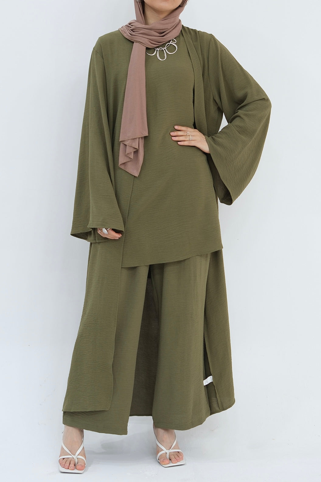 Sadia Stylish Casual Three-Piece Abaya Set 779-Army Green