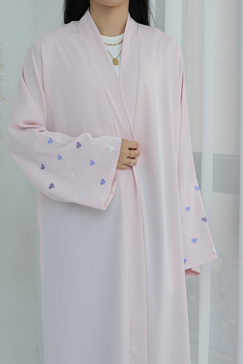 Deena Heart Pattern Embroidery  Modest Open Abaya 783 - Pink